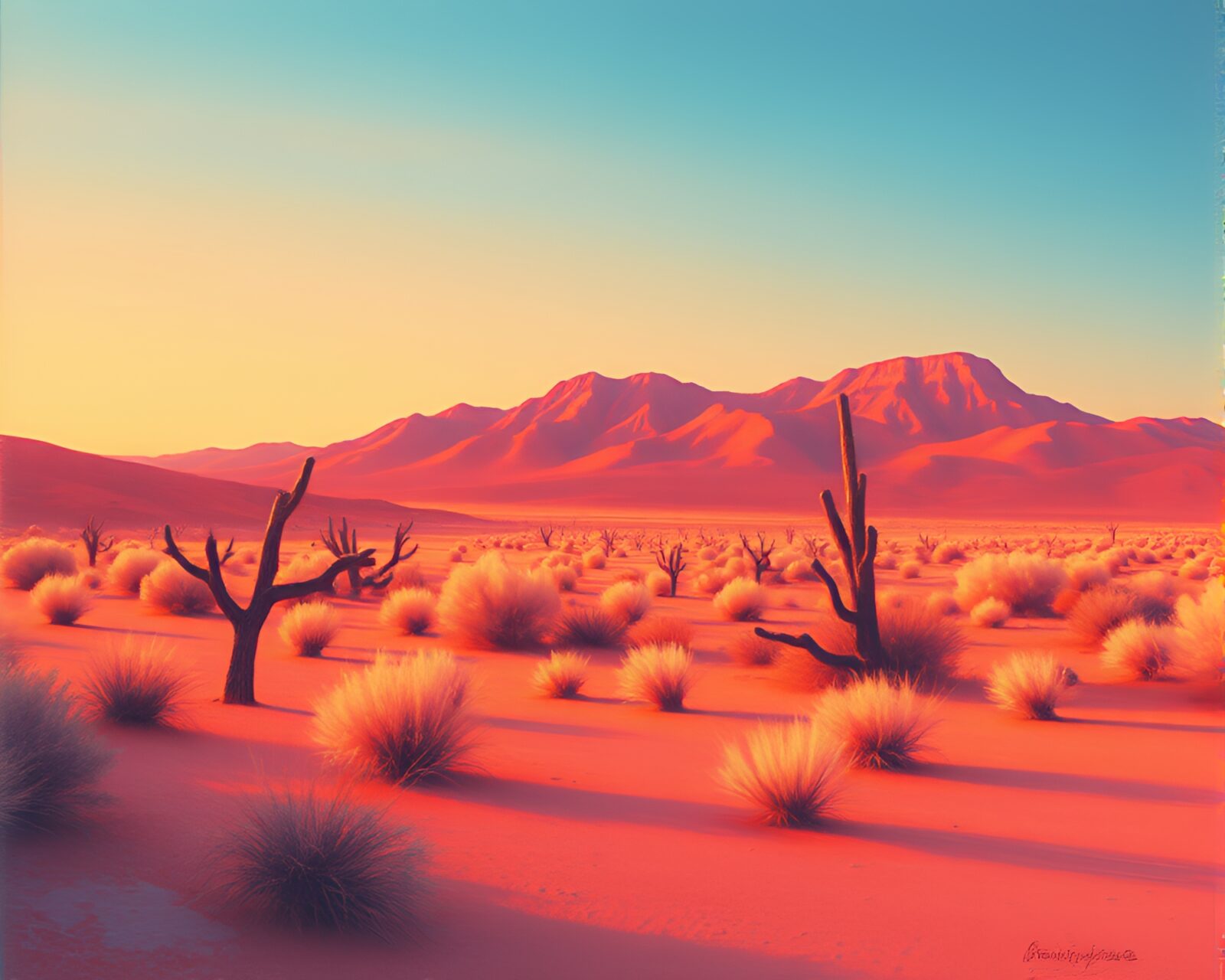 Vibrant pastel drawing of an otherworldly desert mirage