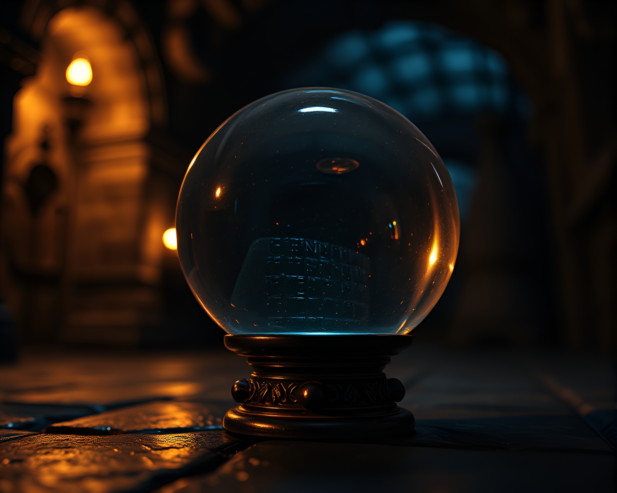 Cubist Glass Orb Illuminated by Dungeon Torchlight – free AI stock image