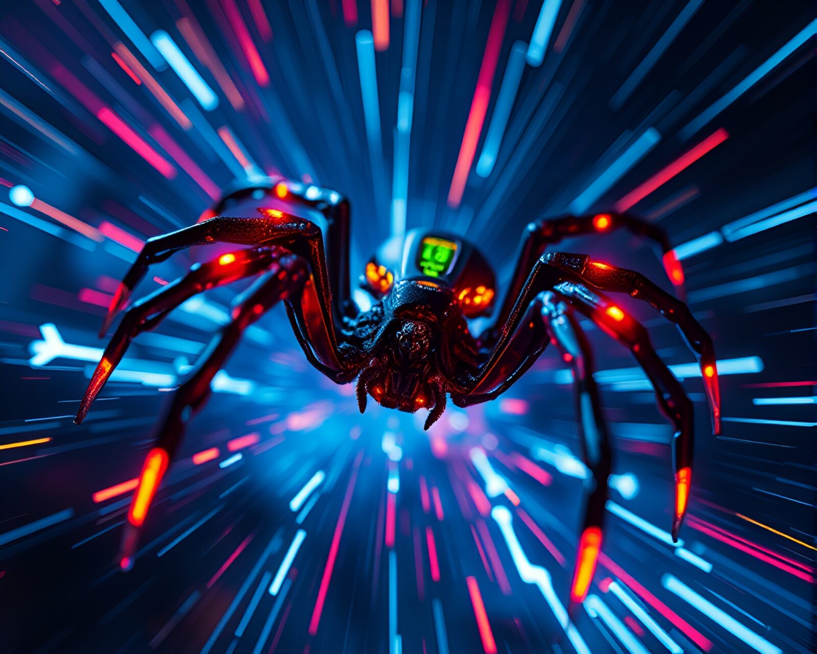 Electric blue spider in accelerated motion with vibrant lighting