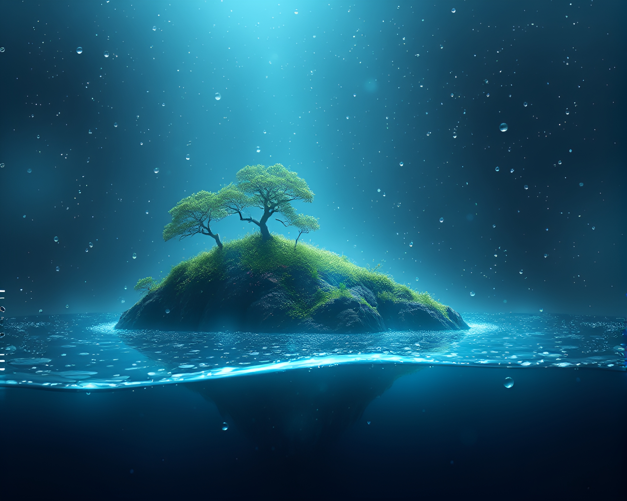 Phosphorescent Floating Island with Dew Drops Graphic Novel Art – free AI stock image
