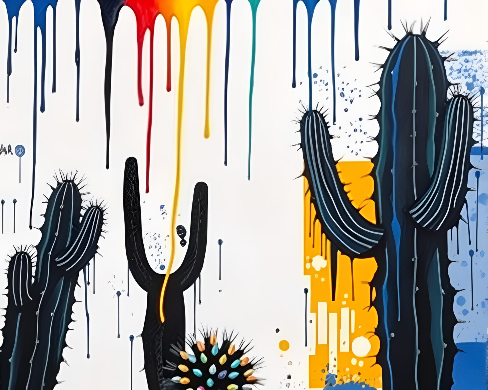 Abstract cobalt blue art featuring desert cactus and graffiti