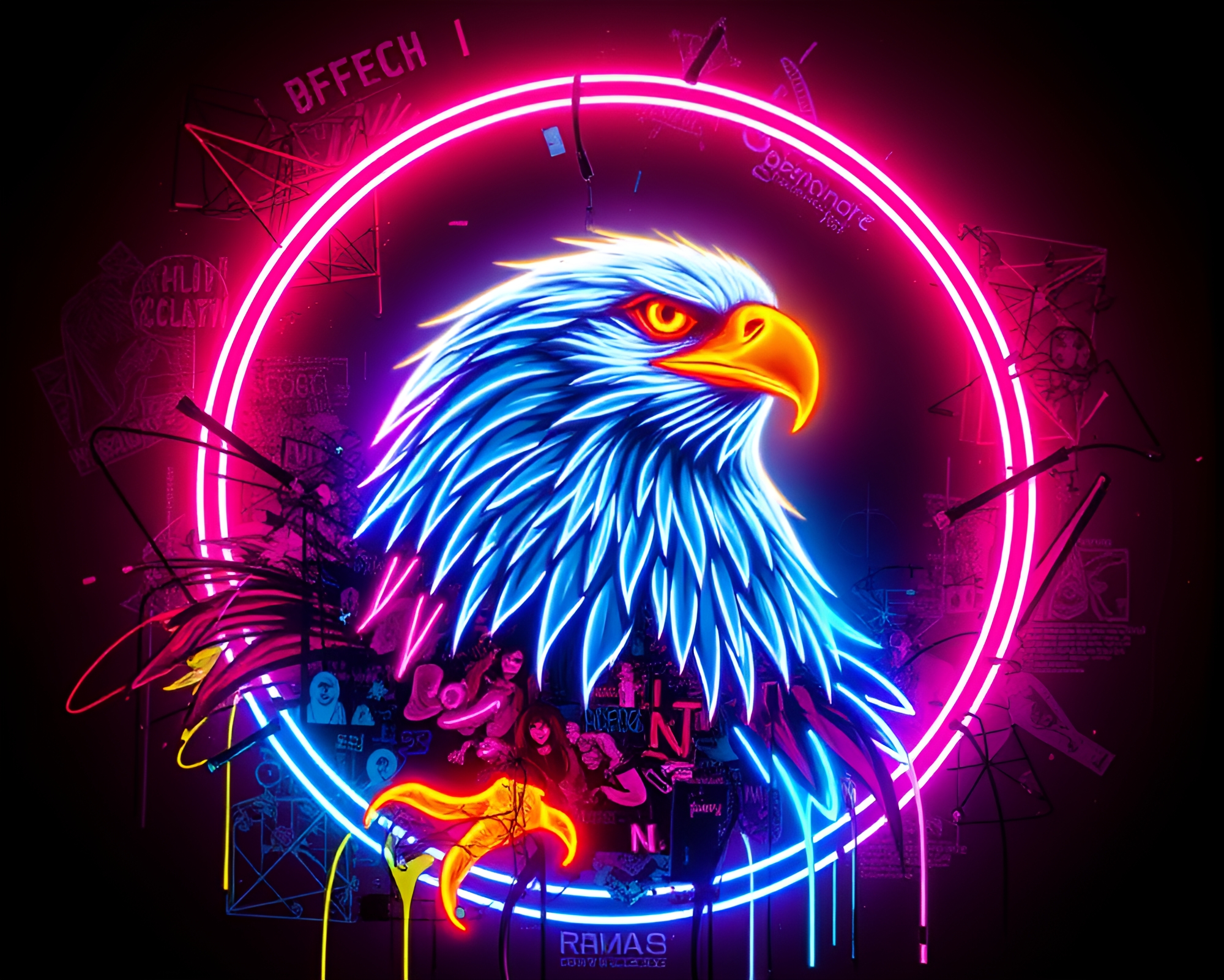 Neon Wireframe Eagle in Graffiti Dadaist Collage – free AI stock image