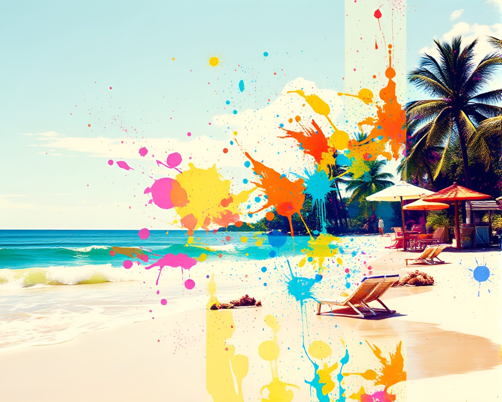 Vibrant sunset over beach with pixelated art style