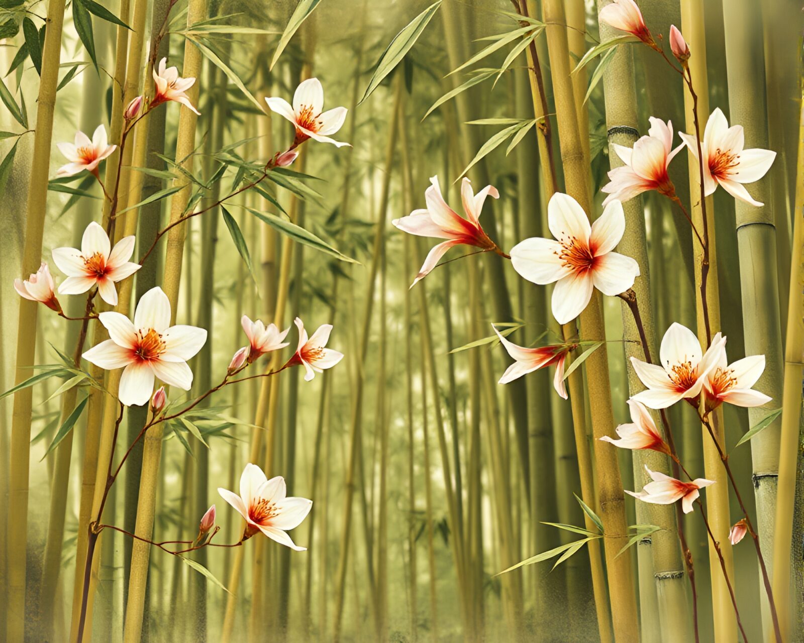 Vivid watercolor blooms among lush bamboo trees in olive drab hues