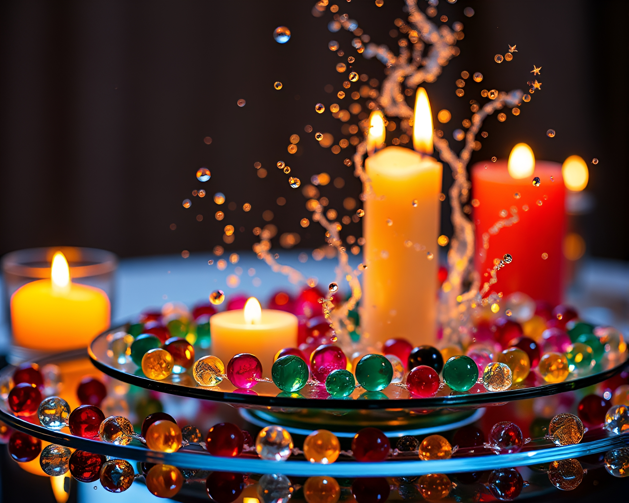 Cheese Platter Reflections in Candlelit Raindrops – free AI stock image