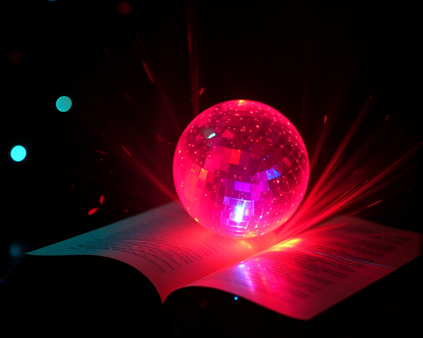 Magical book shimmering under disco ball light with film burn effect