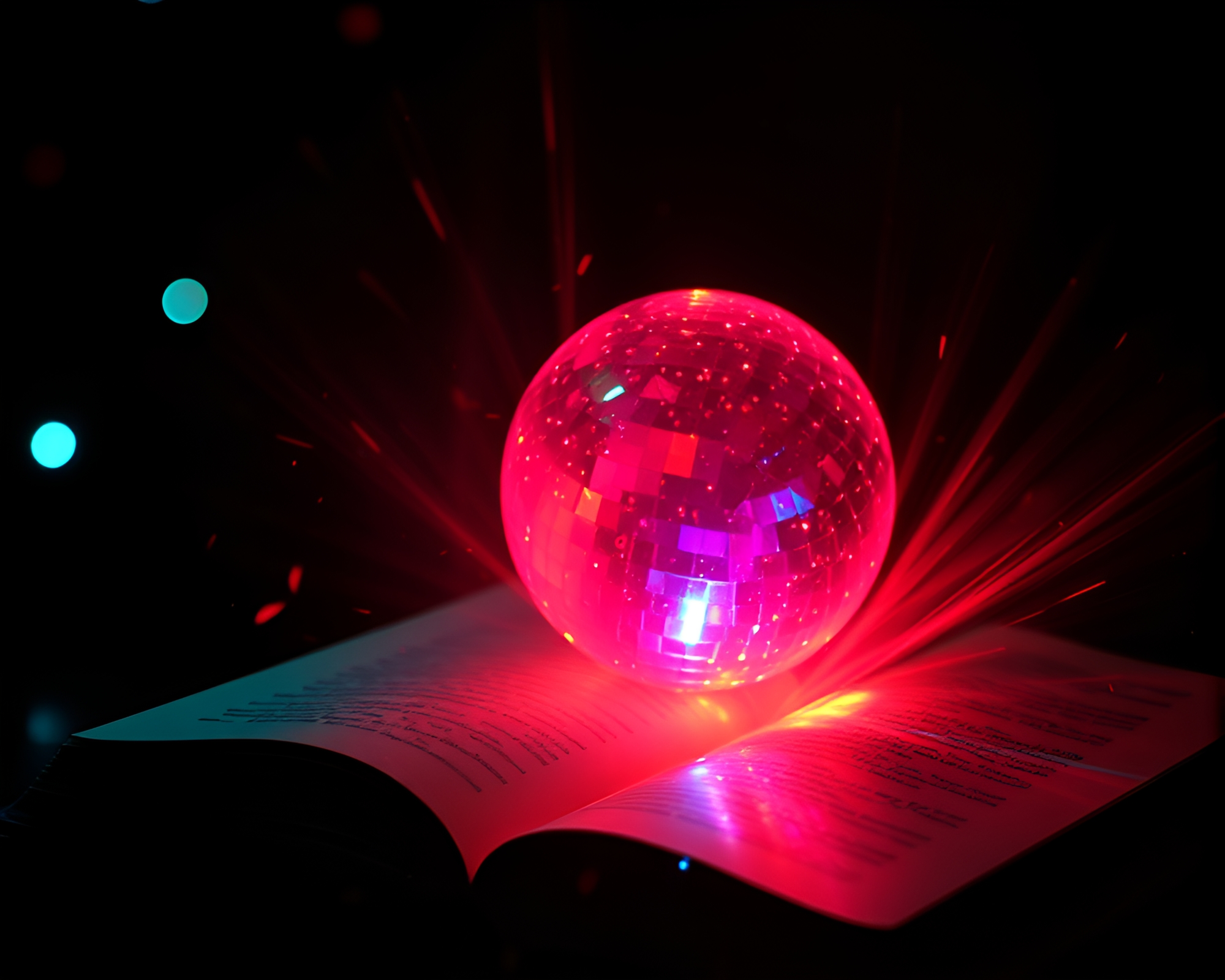 Enchanted Book Disco Ball with Duochrome Film Burn – free AI stock image