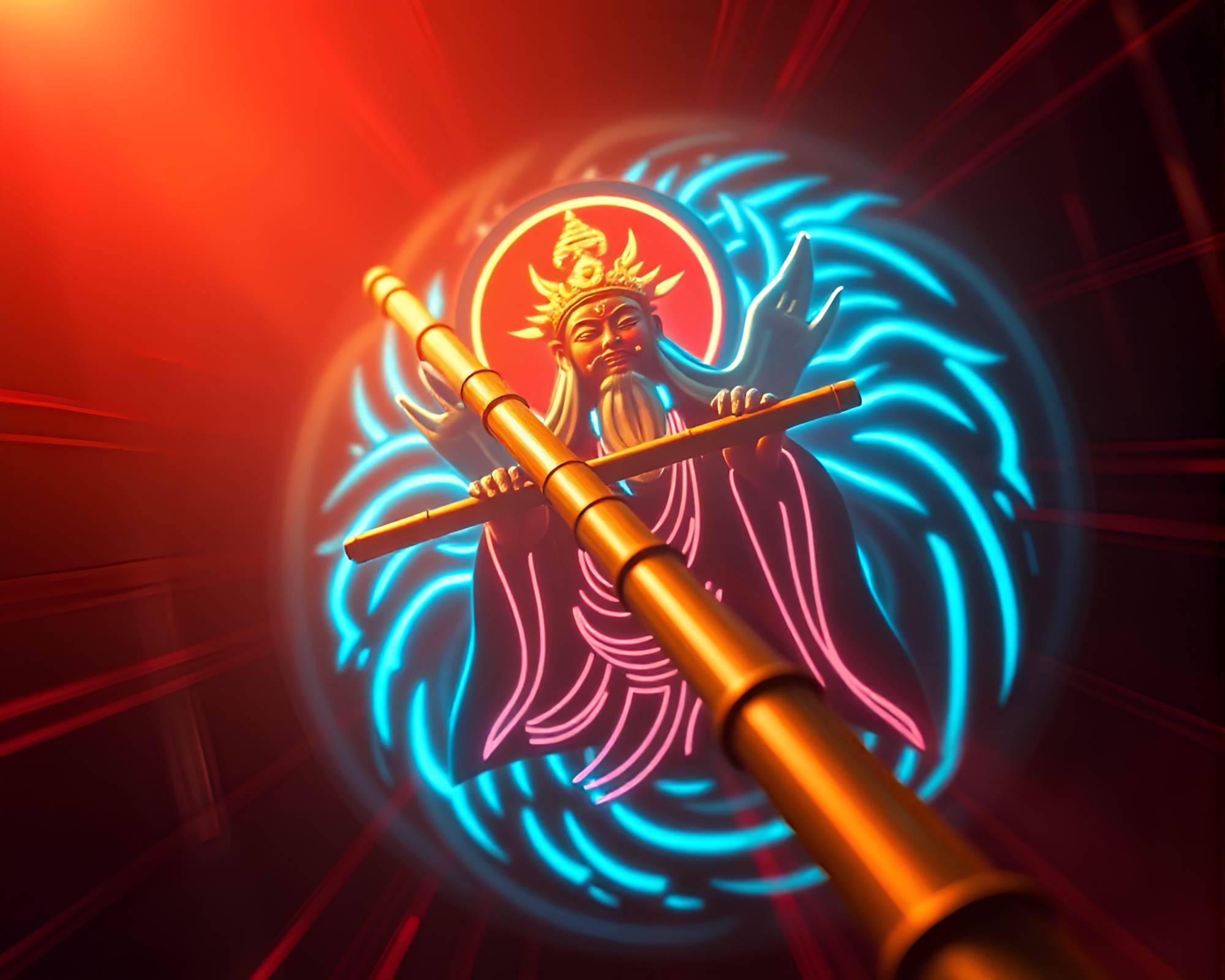 Ethereal Bamboo Flute Under Neon God Rays – free AI stock image