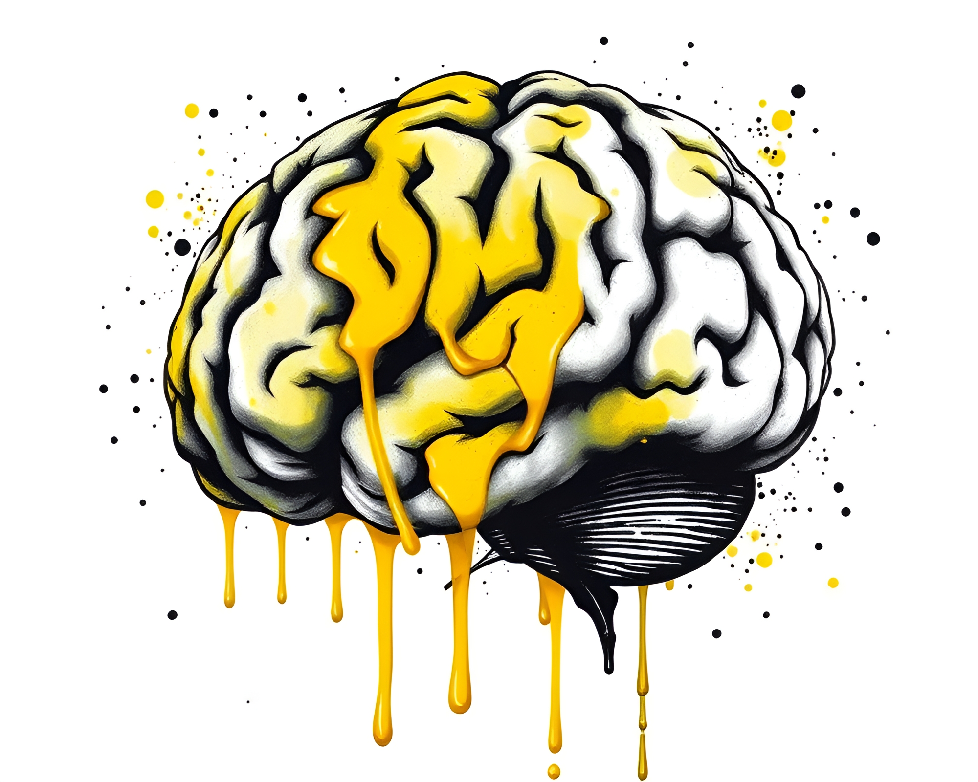 Futuristic AI Brain Contouring in Mustard Yellow Ink Wash – free AI stock image