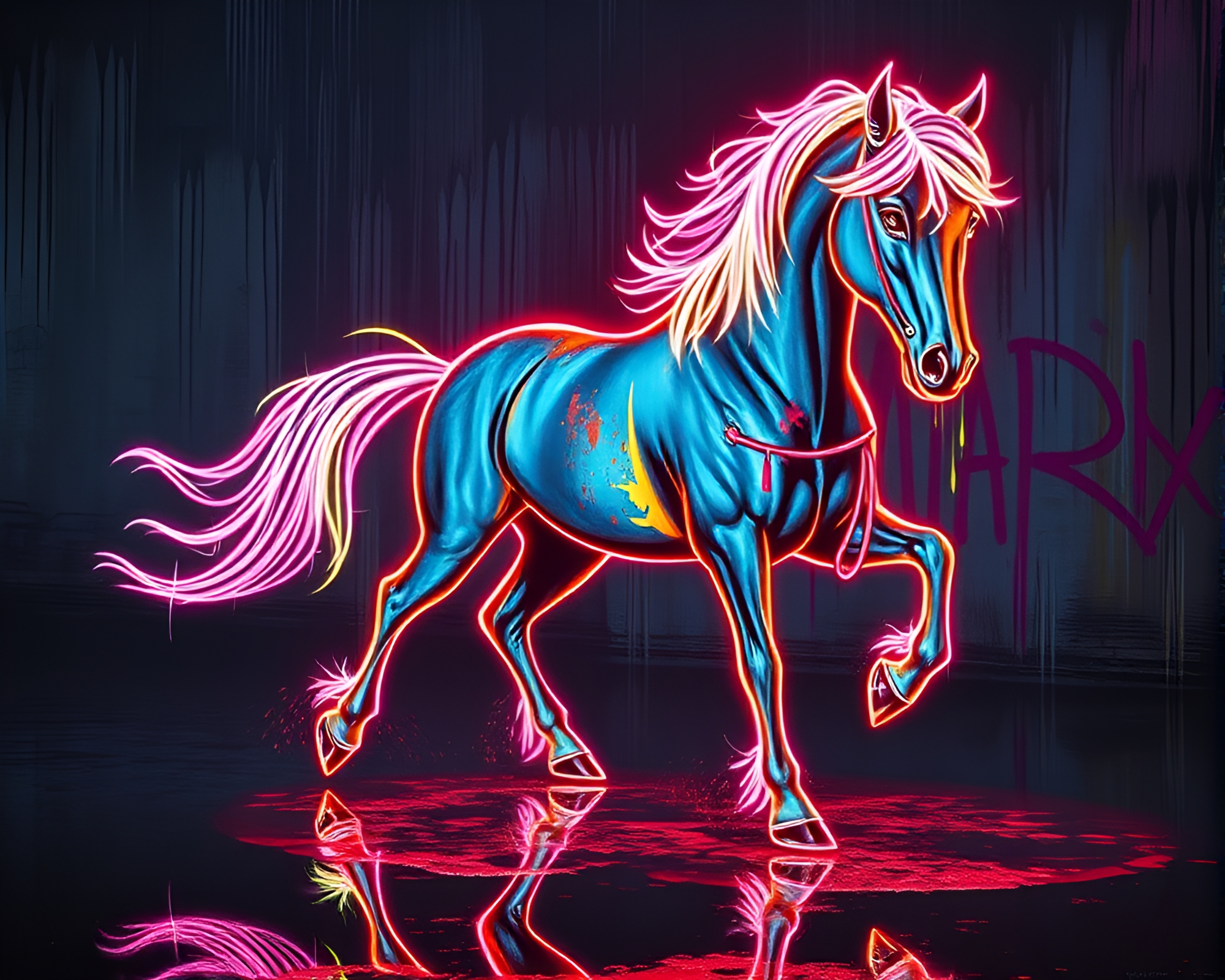 Vibrant Neon Stallion Graffiti: Denim Dreamscape – free AI stock image