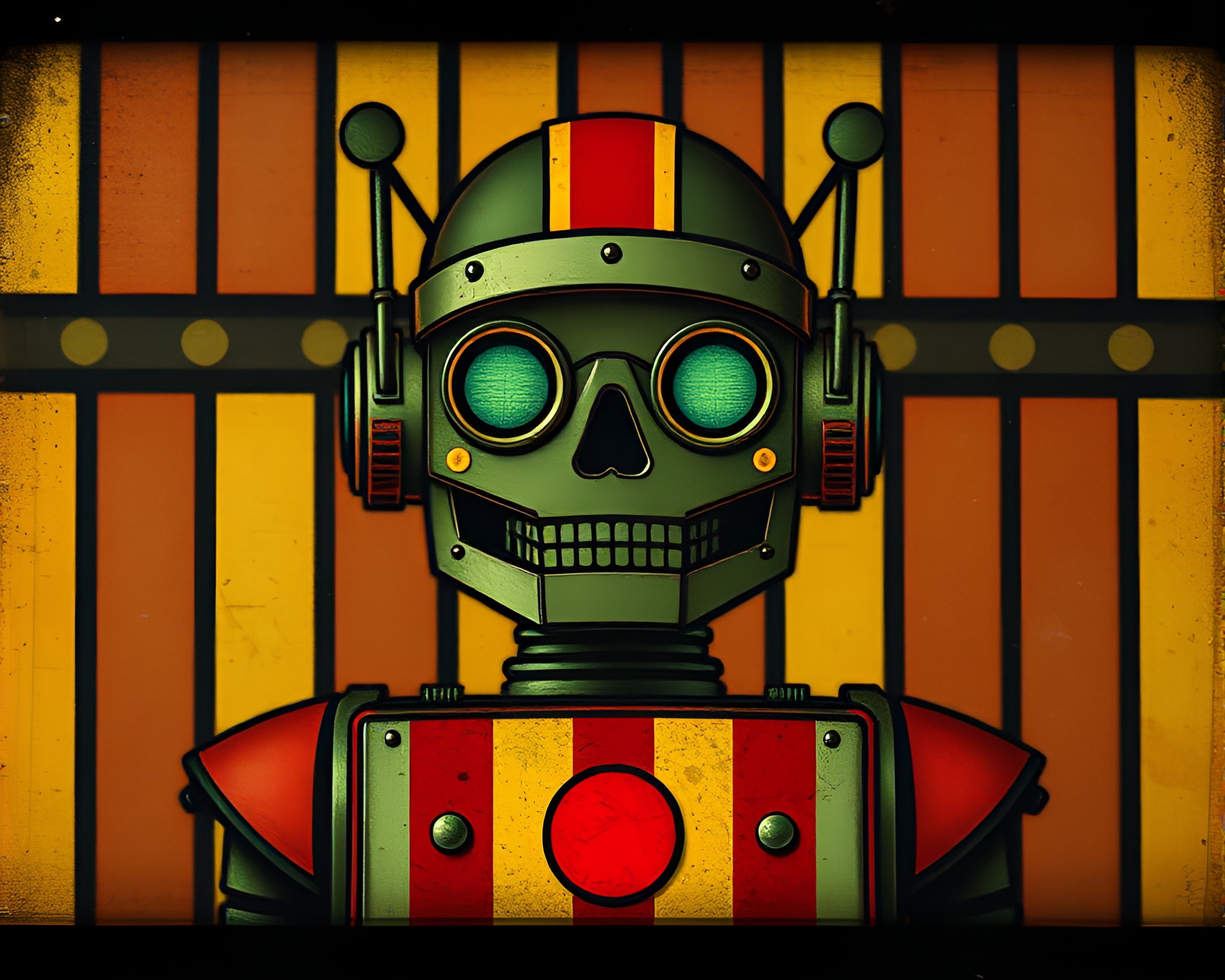 Steampunk Robot in Striped Pattern Stained Glass – free AI stock image
