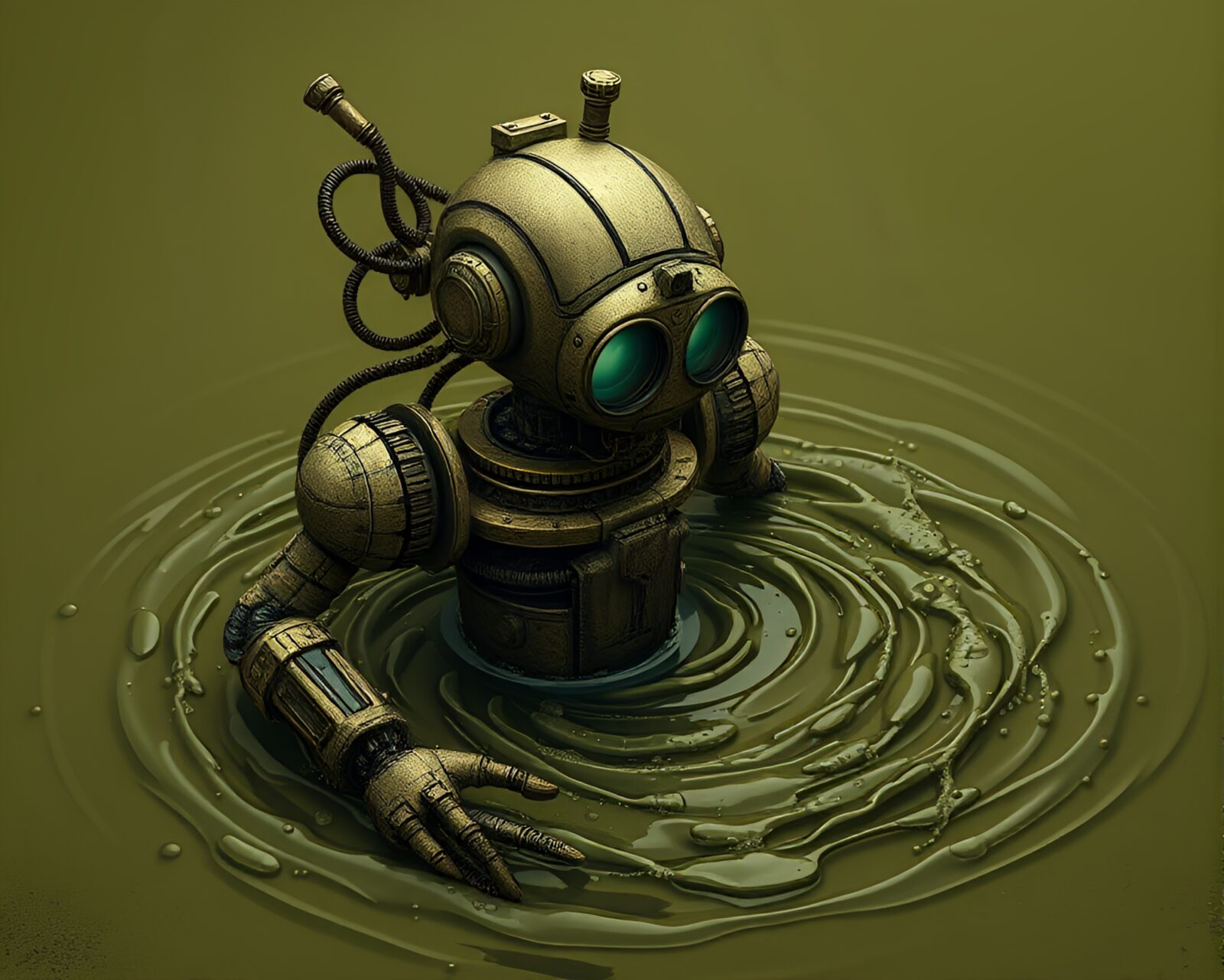 Olive drab-toned steampunk robot engulfed in swirling water