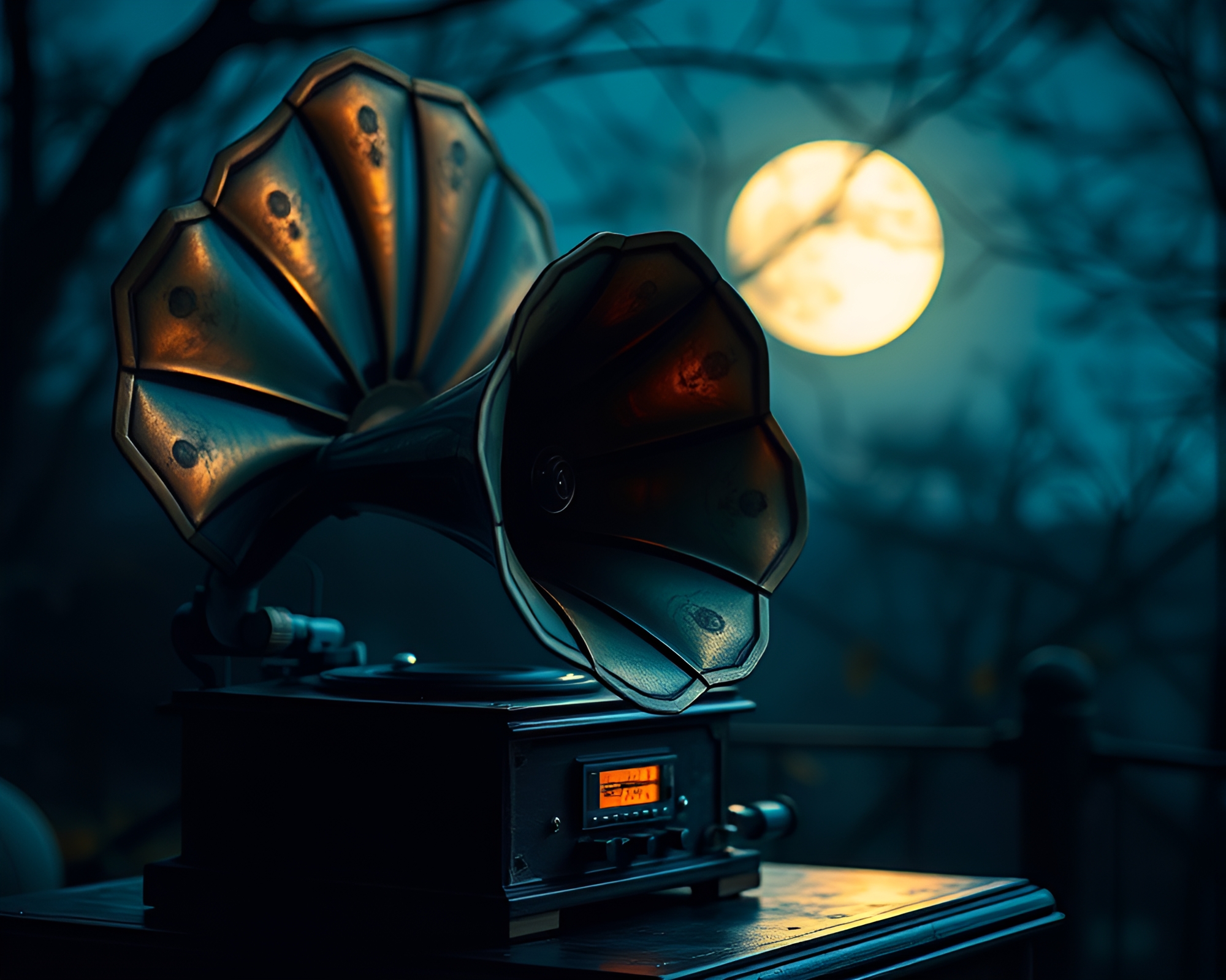Steampunk Gramophone in Moonlit Cubist Arrangement – free AI stock image