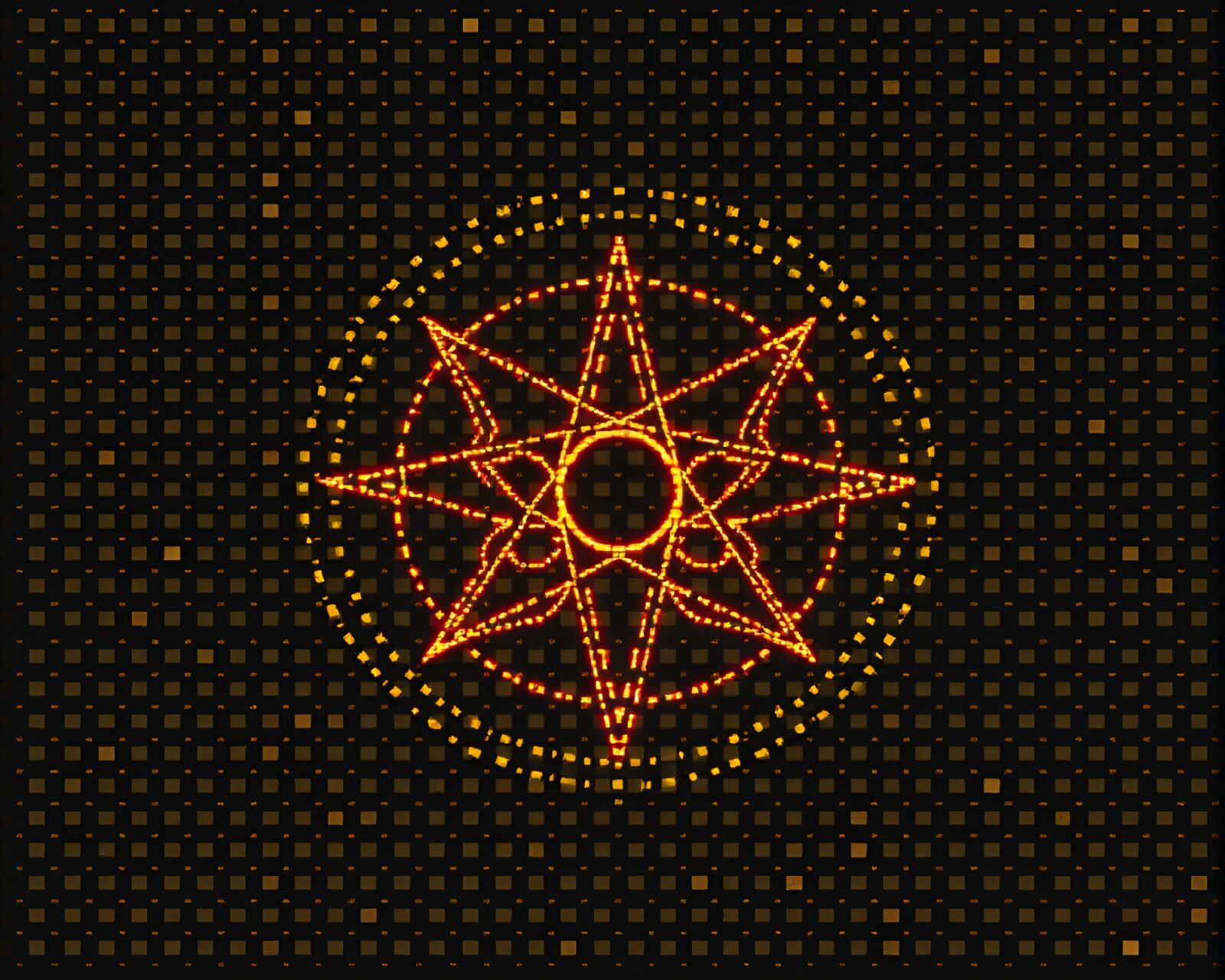 Muted earth tones illuminate intricate ASCII art sigil.