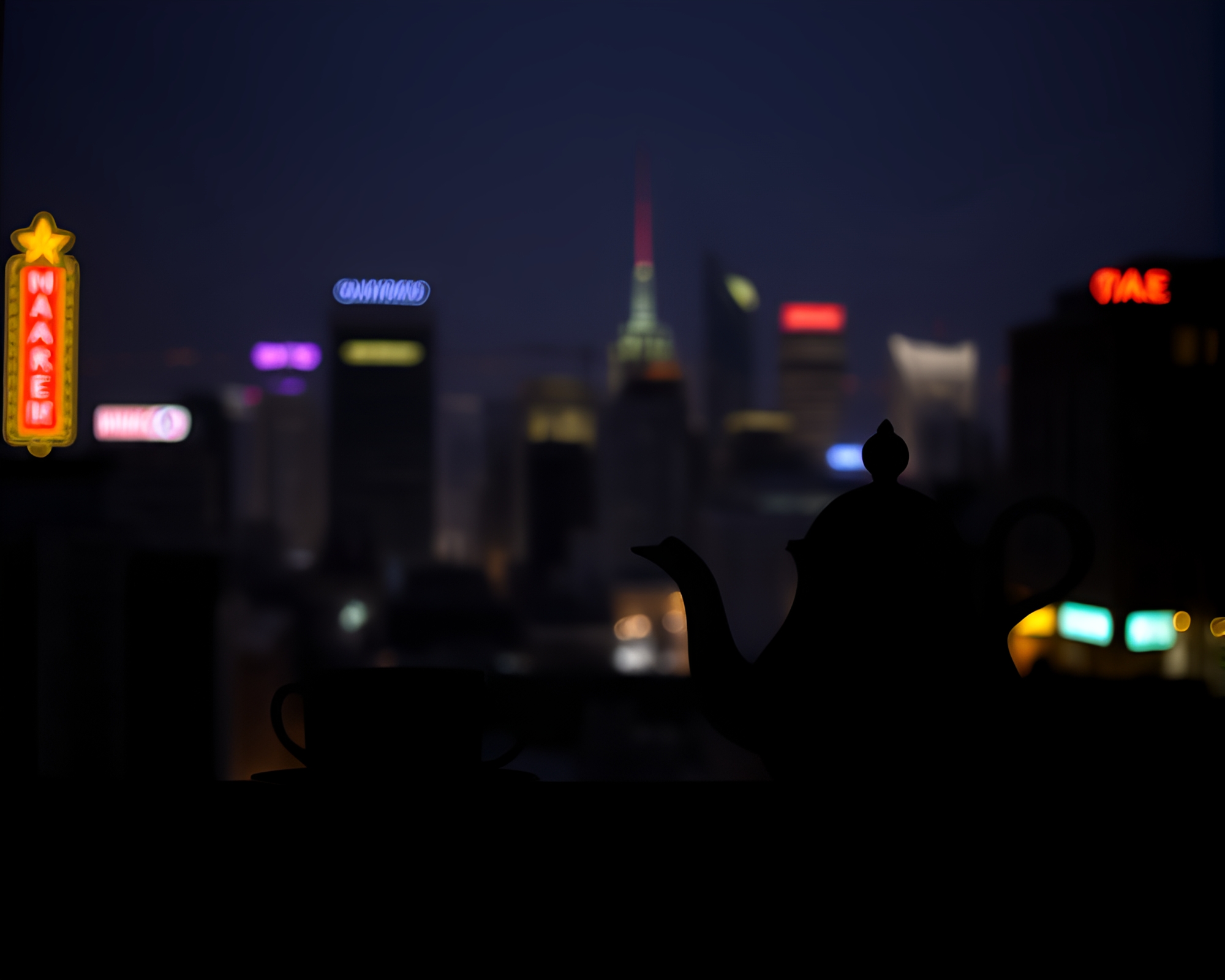 Neon Tea Set Shadow Silhouette in City Lights – free AI stock image