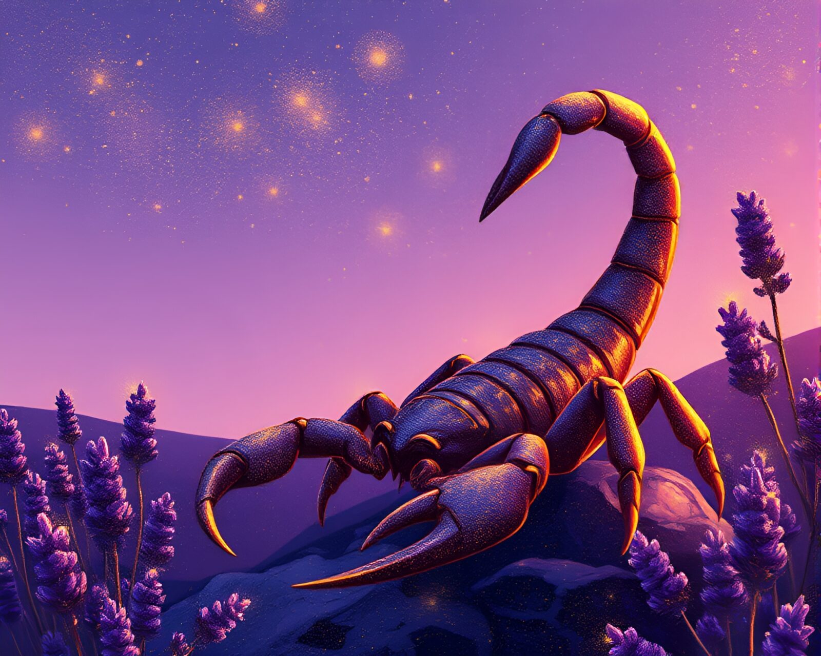 A majestic golden scorpion illuminated in twilight hues