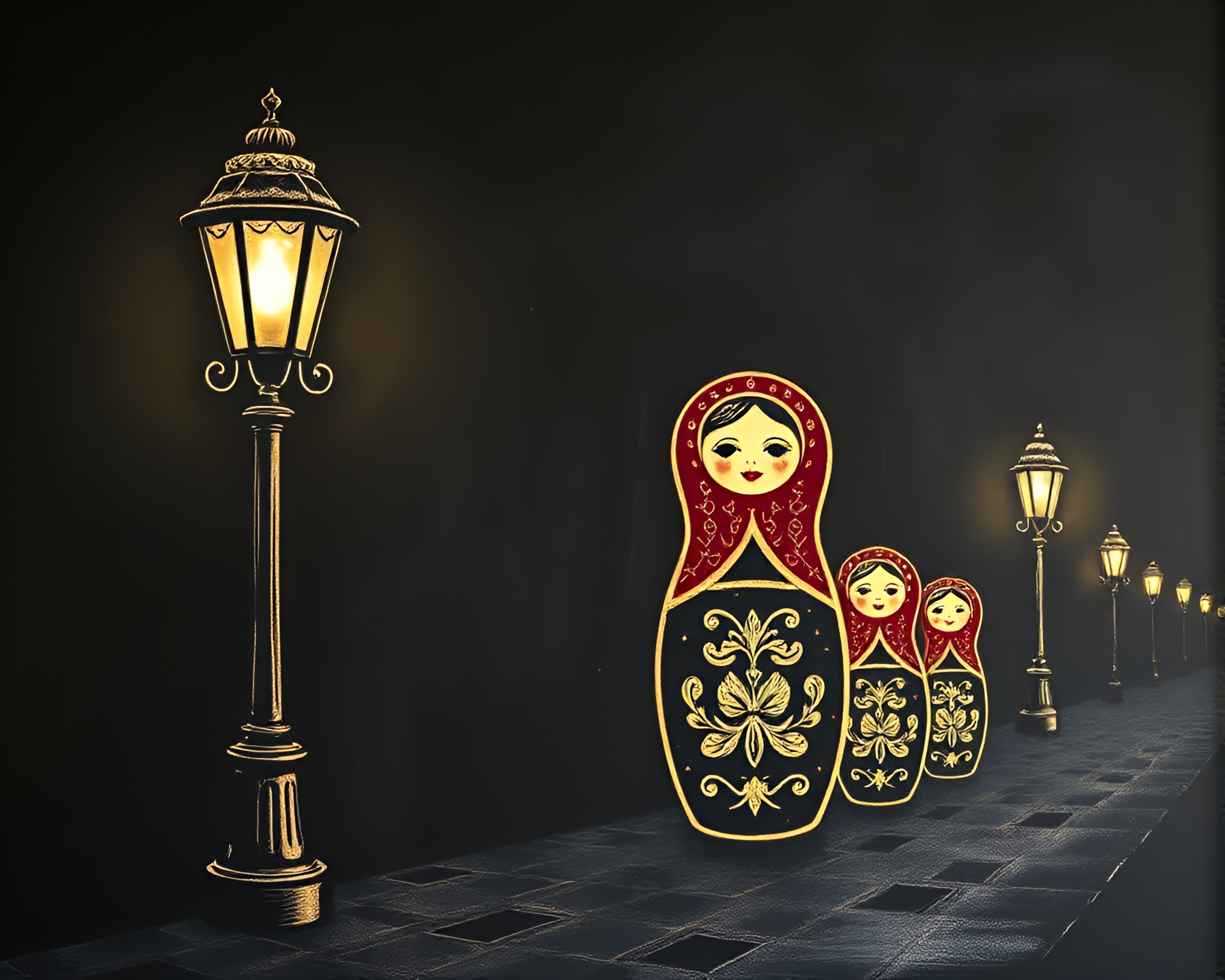 Matryoshka Doll Foil Stamped Chalkboard Streetlamp Glow – free AI stock image
