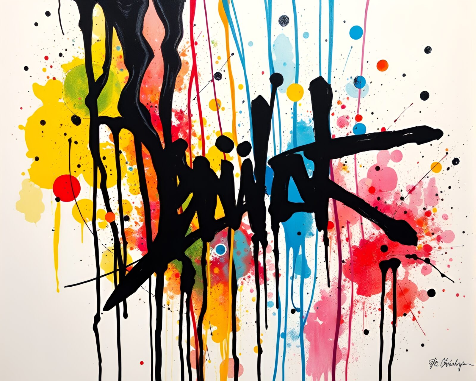 Vibrant cityscape wall art with colorful ink drips and swirls