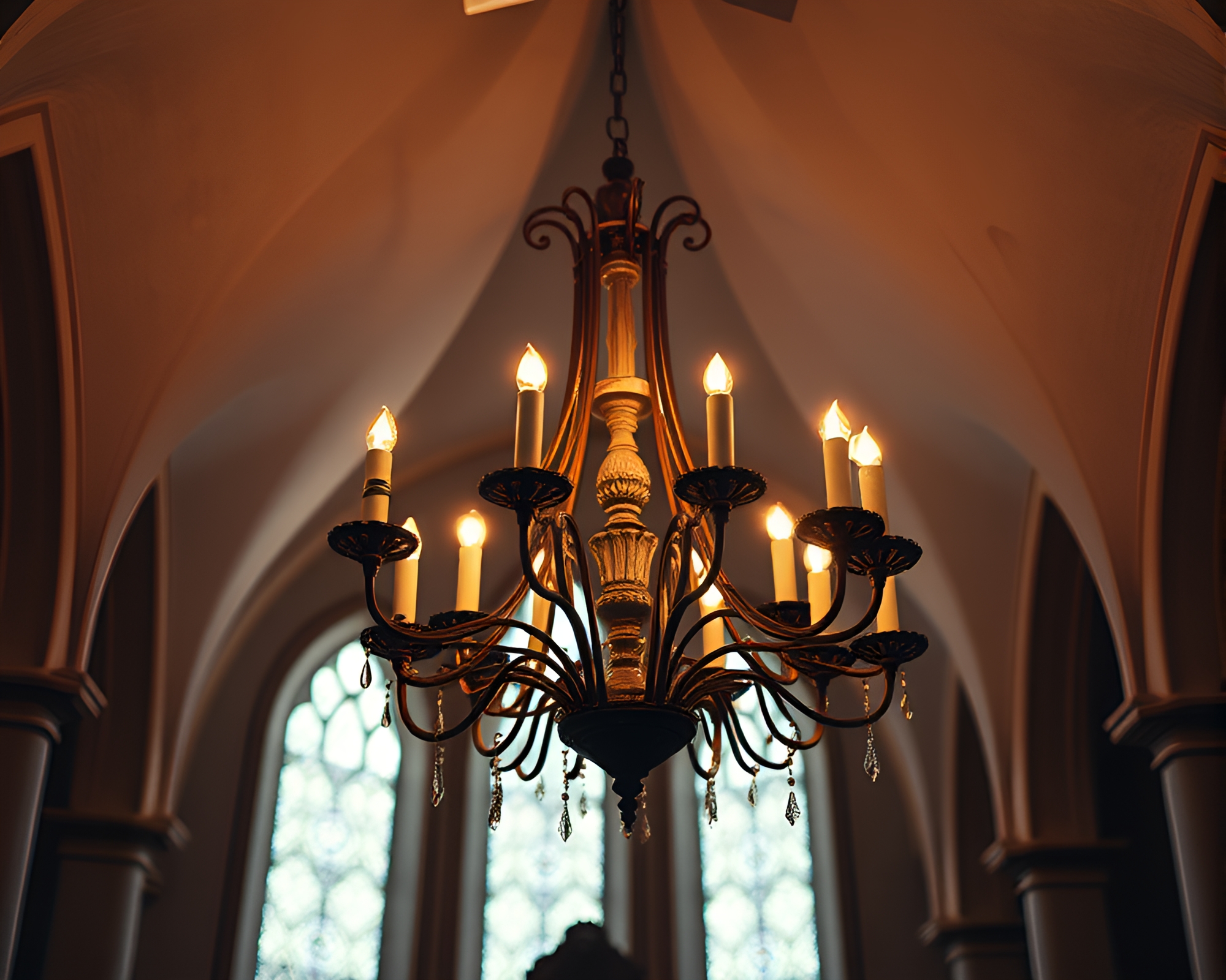 Victorian Chandelier Illuminated by Church Candlelight – free AI stock image