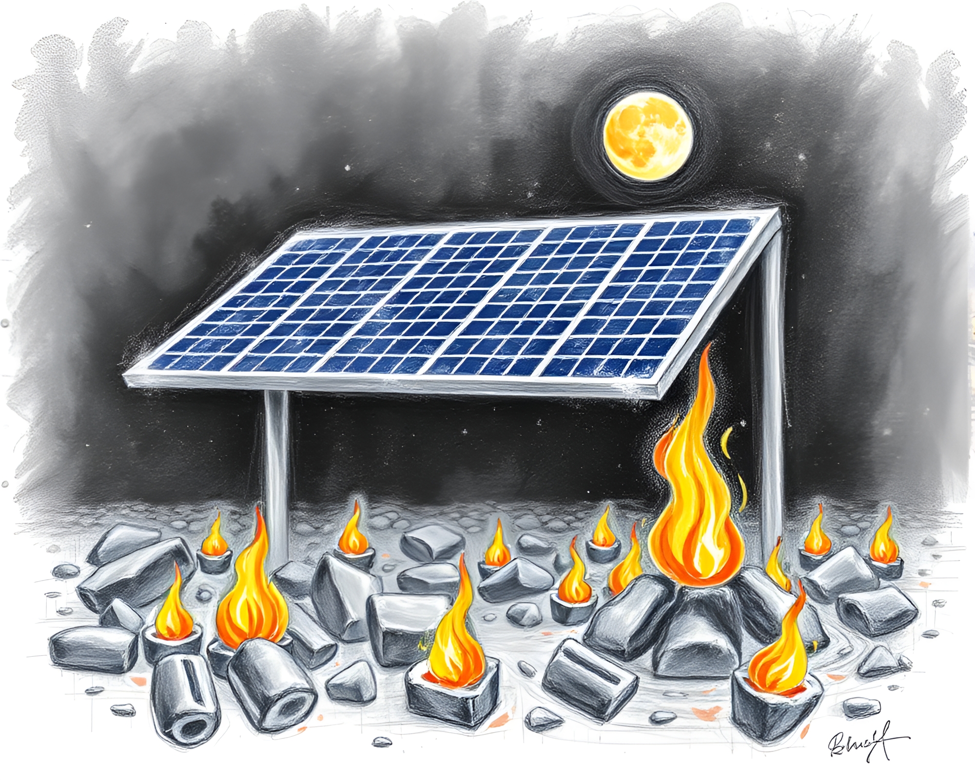 Solar Panel Array Emitting Floating Embers in Pastel Graffiti – free AI stock image