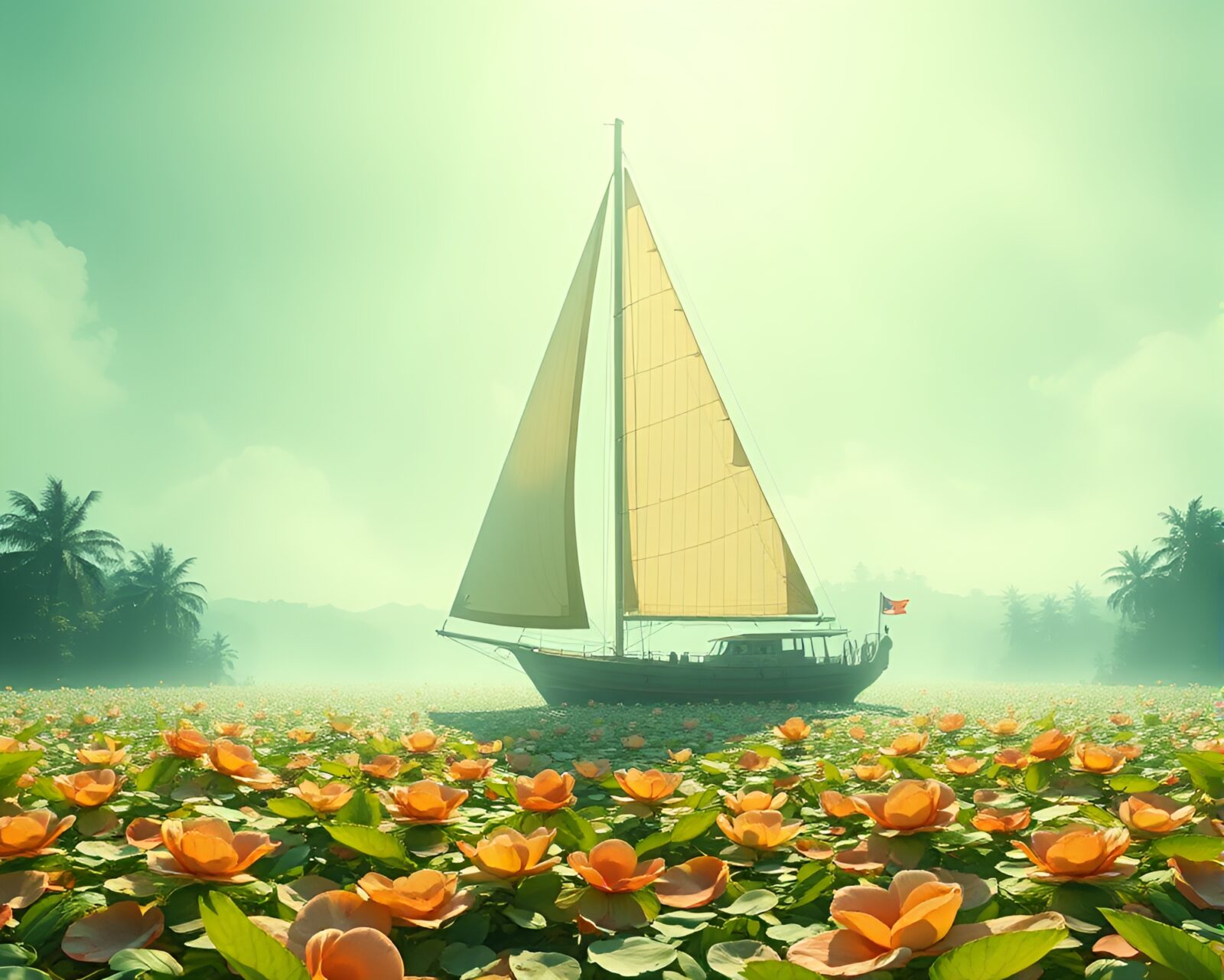 Illustration of a high-tech sailboat floating amidst colorful flower petals in a green haze