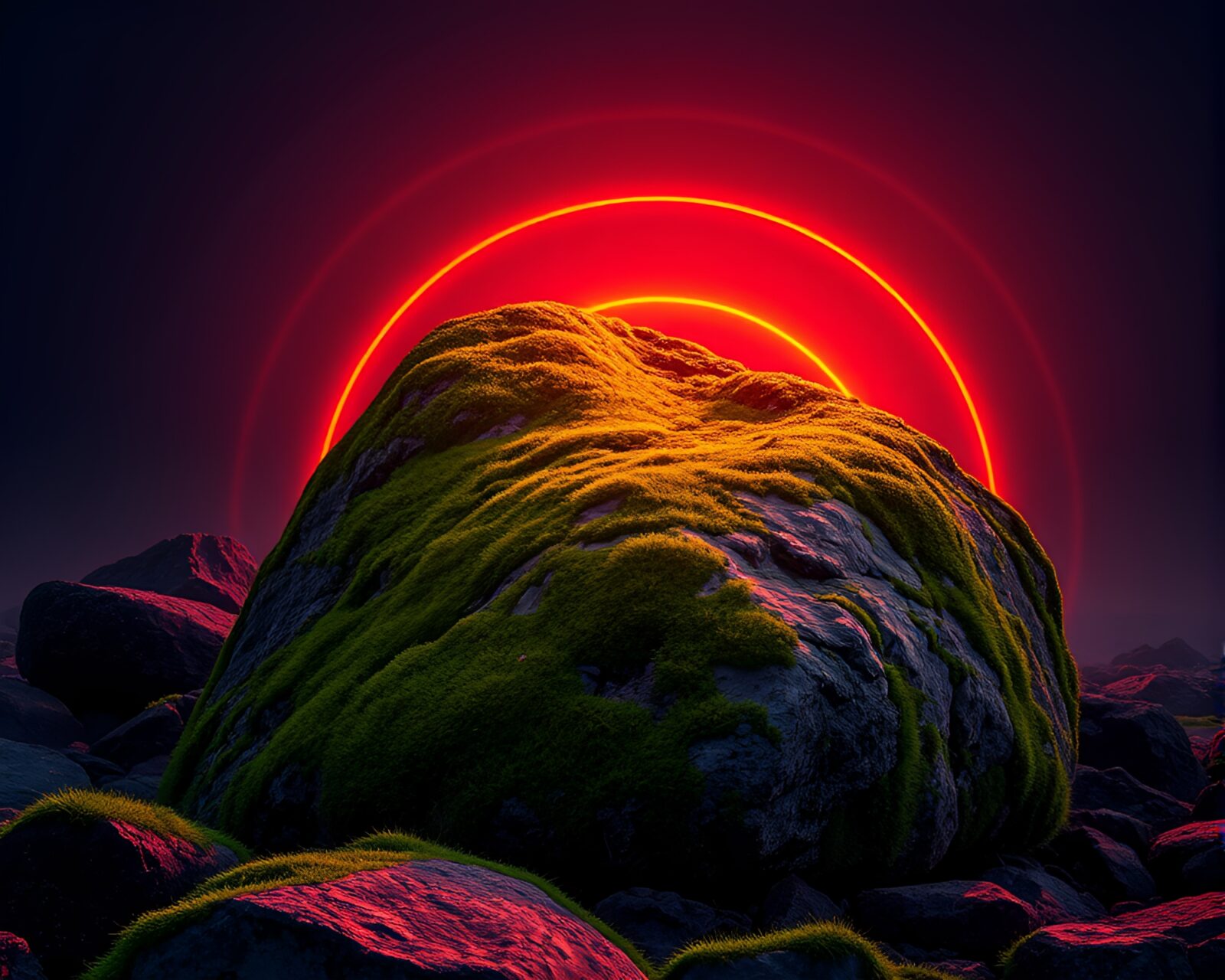 Vibrant mossy stone with glowing concentric neon rings at night