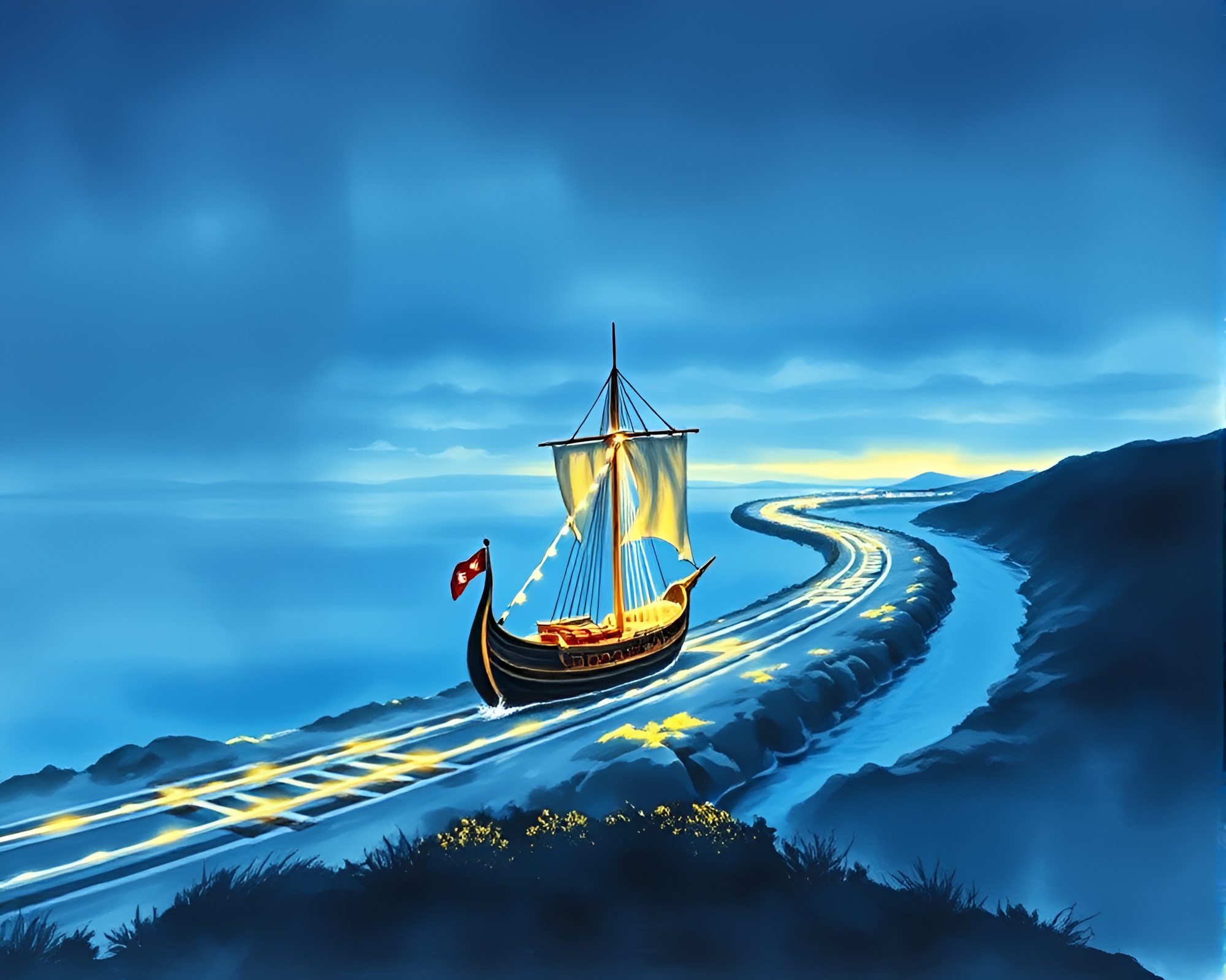 Viking Longship Sailing Through Enchanting Blue Hour – free AI stock image