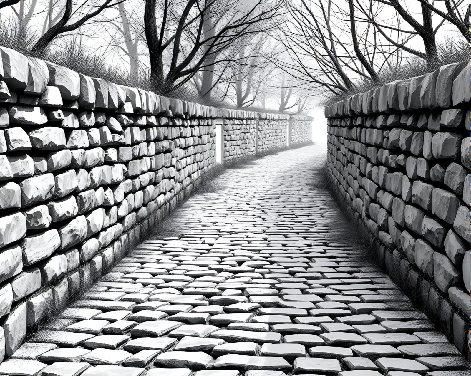 High-poly 3D rendering of cobblestone path in charcoal sketch style