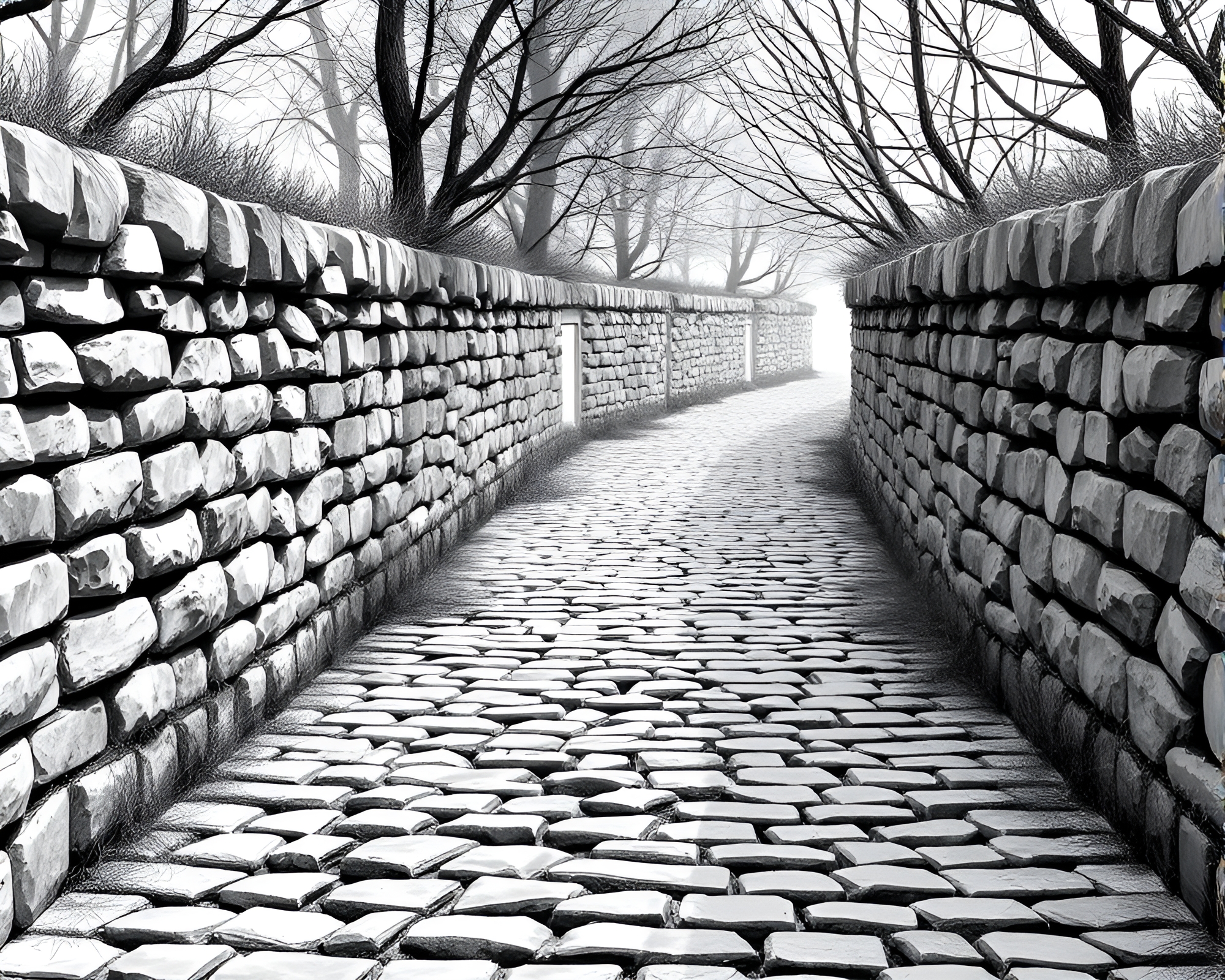 Serene Charcoal Sketch of Cobblestone Path in 3D – free AI stock image