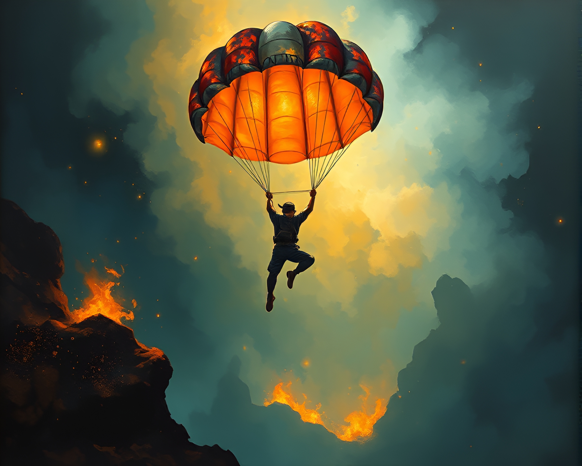 Dungeon Parachute Jumper in Tempera Painting – free AI stock image