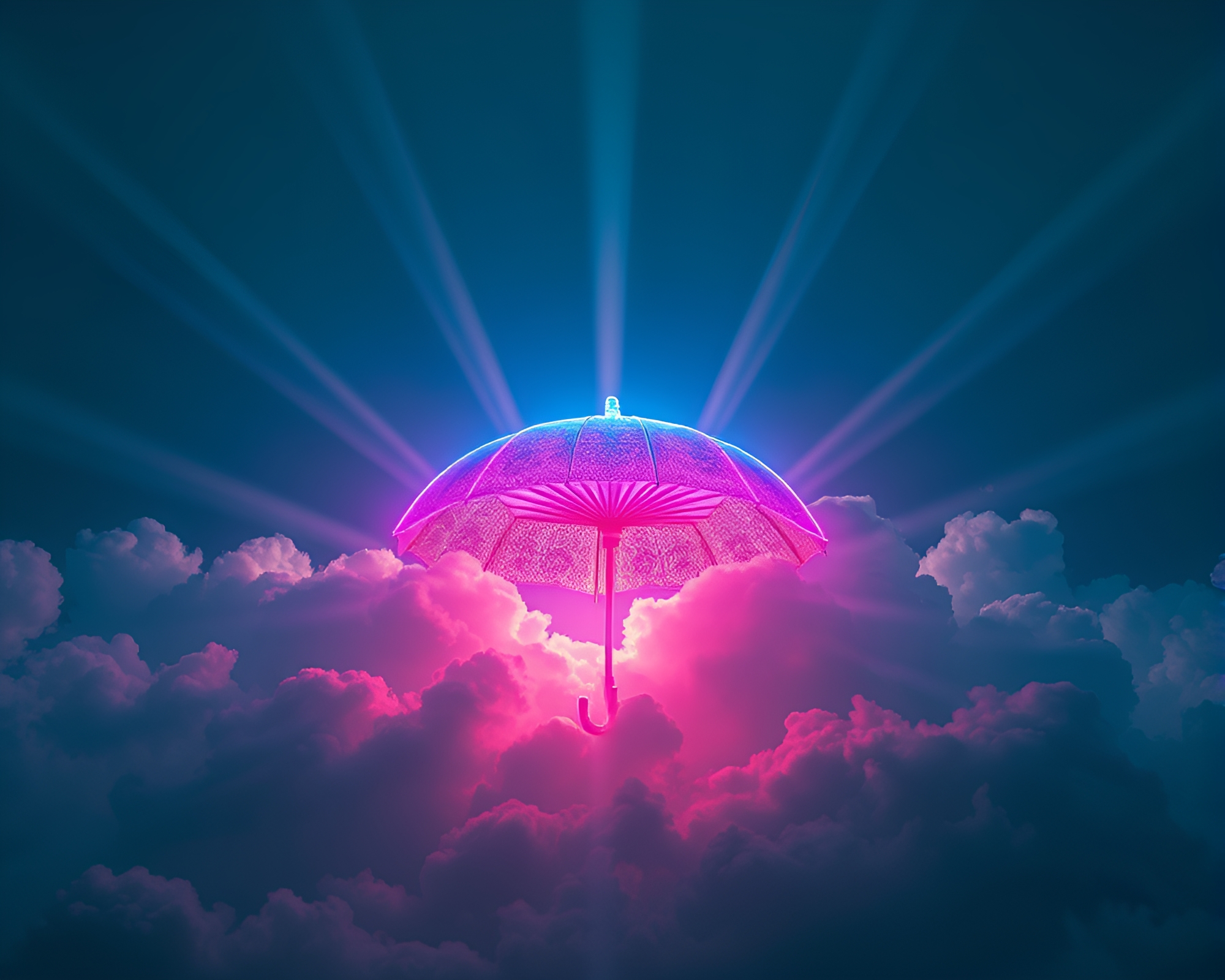 Neon-lit Umbrella under Godrays amidst Calligraphic Cloud Formations – free AI stock image