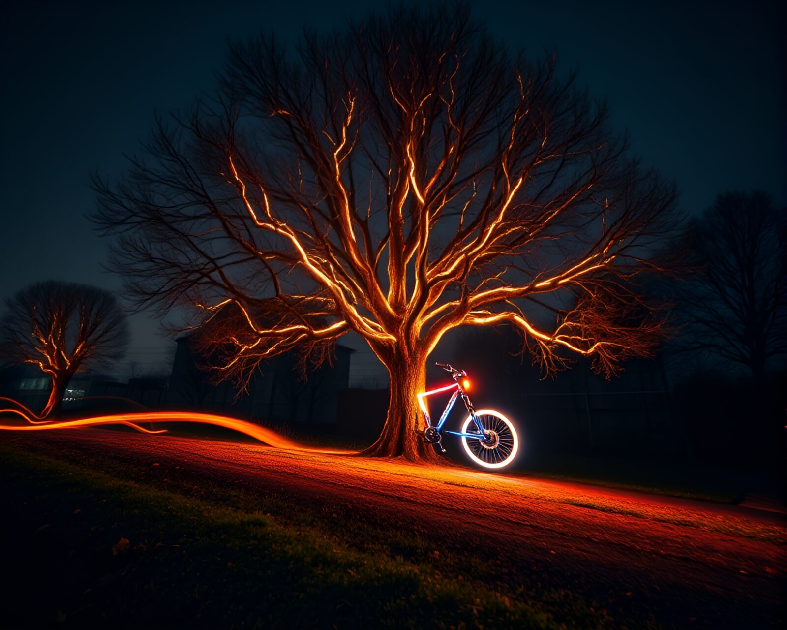 Hoverbike gliding through neon-lit forest with tree ring patterns