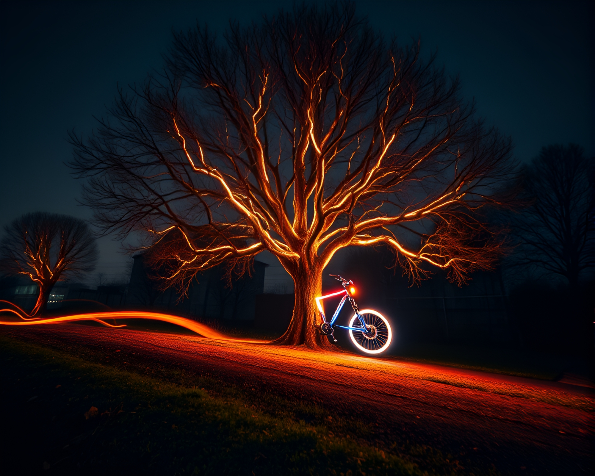 Futuristic Hoverbike Among Neon Tree Rings – free AI stock image