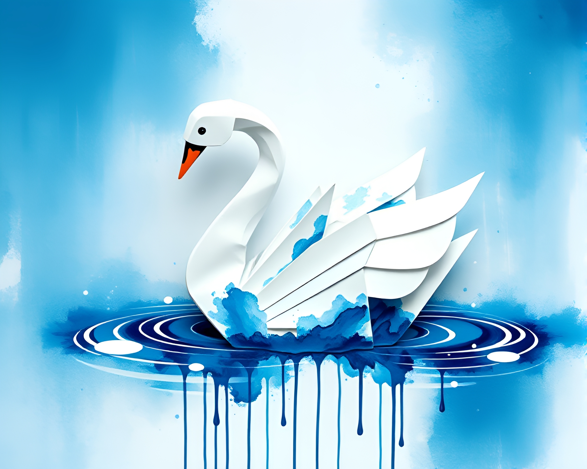 Ink Wash Origami Swan in Ocean-Blue 3D Scan – free AI stock image