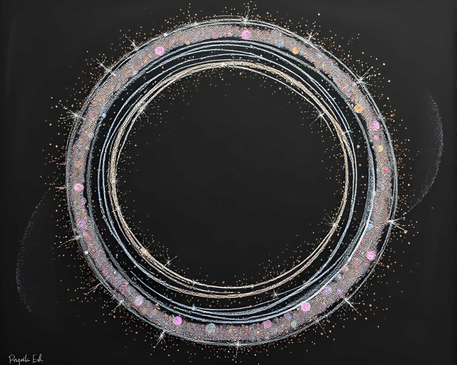 Glamorous stone circle covered in metallic flake chalk drawings