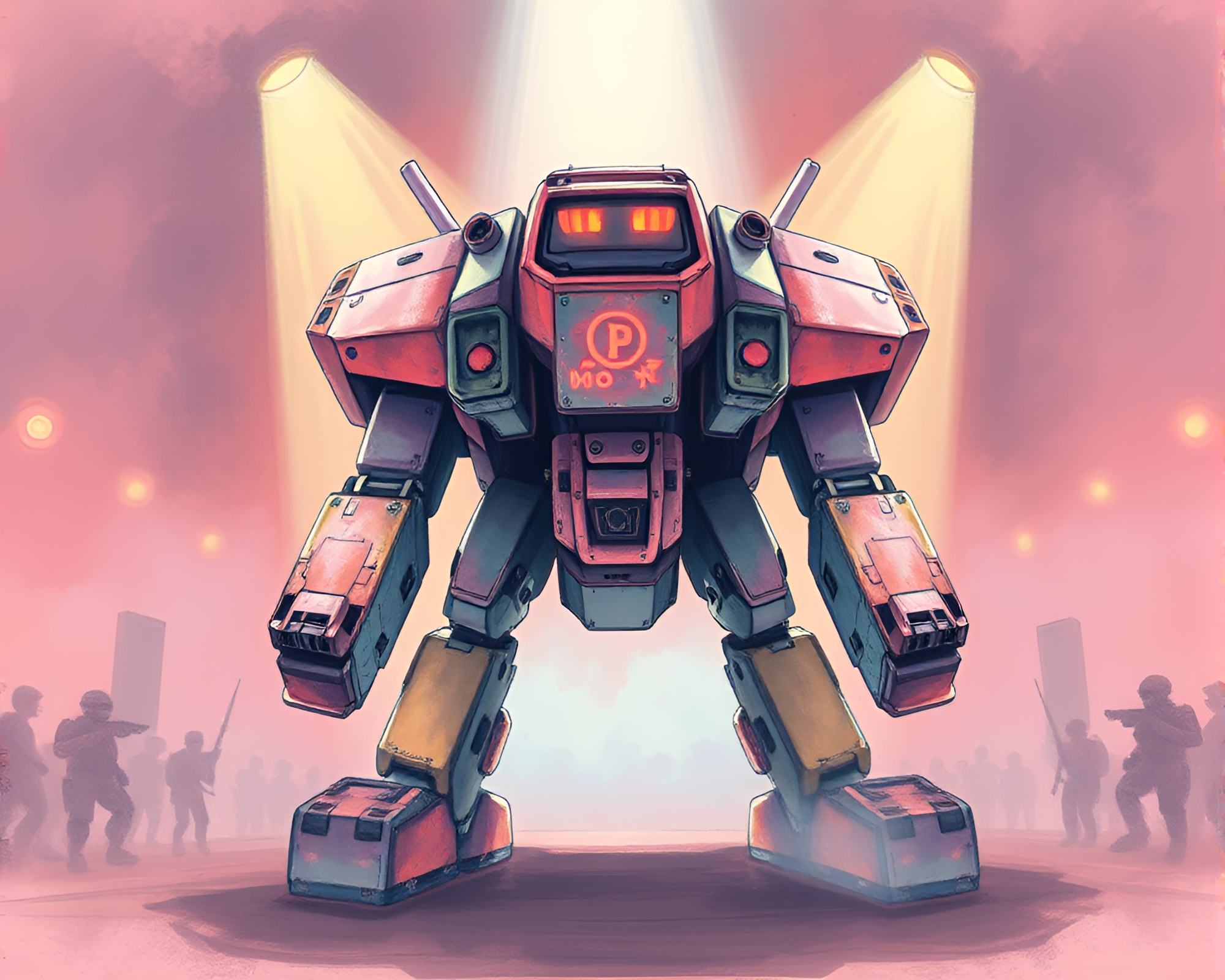 Epic Battle Mech Under Stage Spotlight – free AI stock image