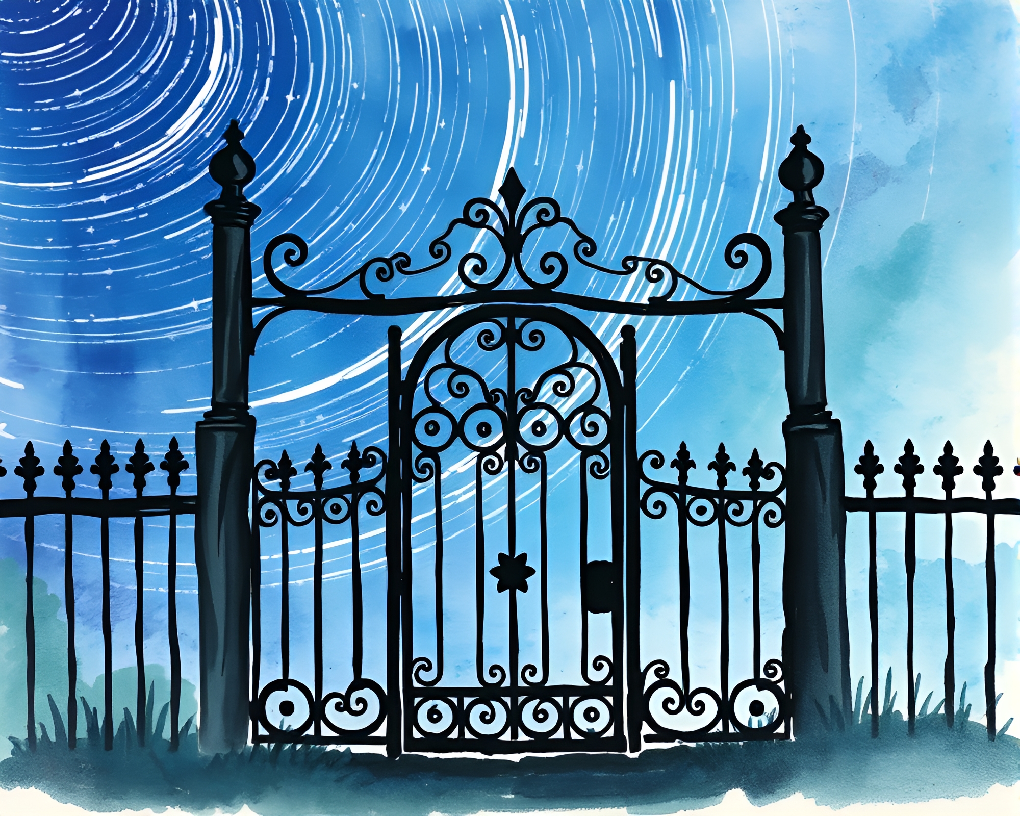 Star Trails Transcend Wrought Iron Gate Watercolor Palette – free AI stock image
