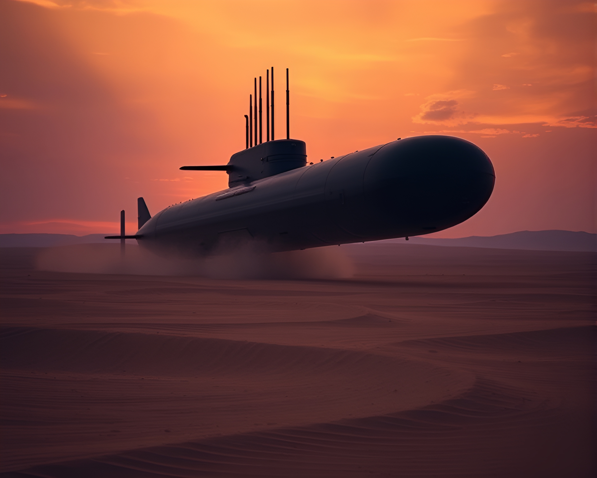 Ghostly Submarine Glide through Desert Sunset Waters – free AI stock image