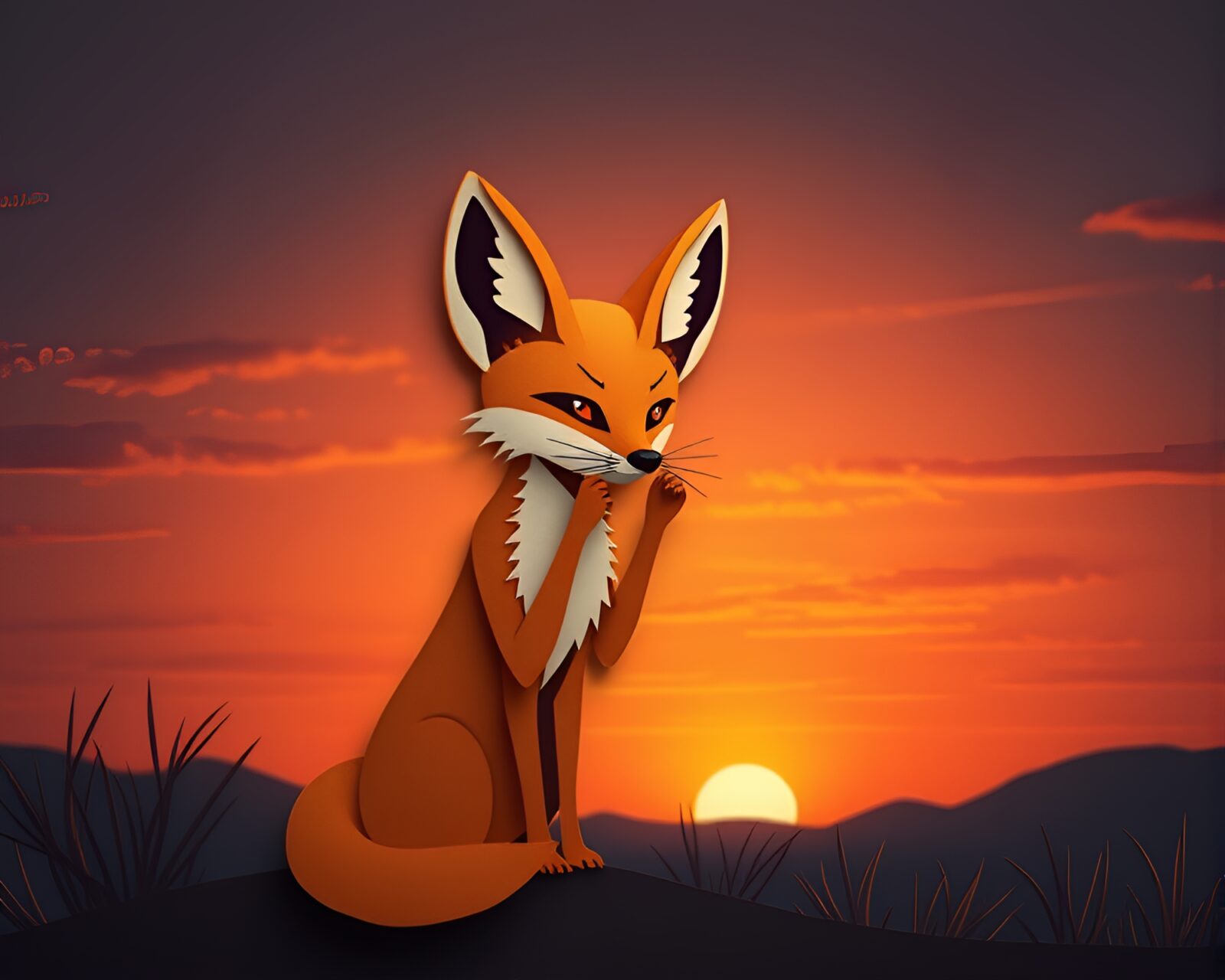 A serene scene of a fennec fox framed by tears in paper against a soft sunset skyline