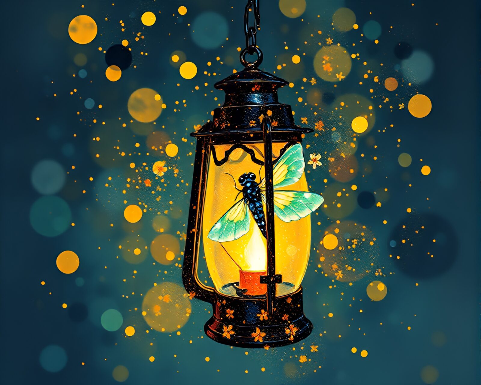 Vibrant fashion illustration accented with glowing oil lantern