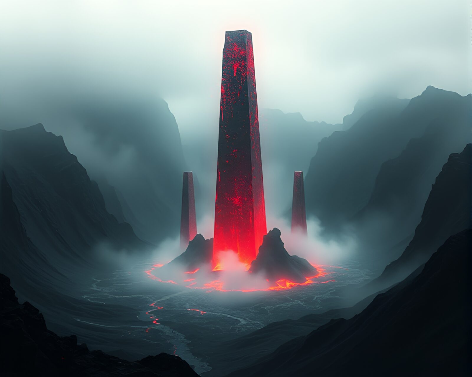 Manga-style obelisk surrounded by glitch artifacts in volcanic light