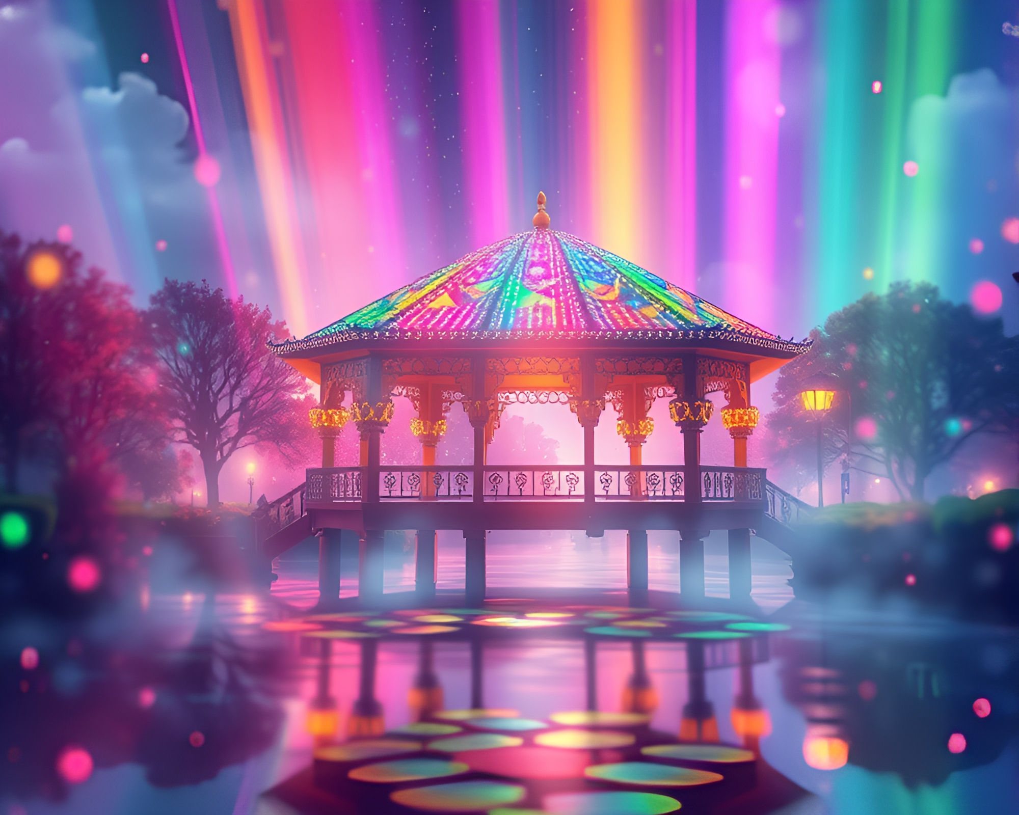 Floating Steampunk Pavilion in Rainbow Spectrum – free AI stock image