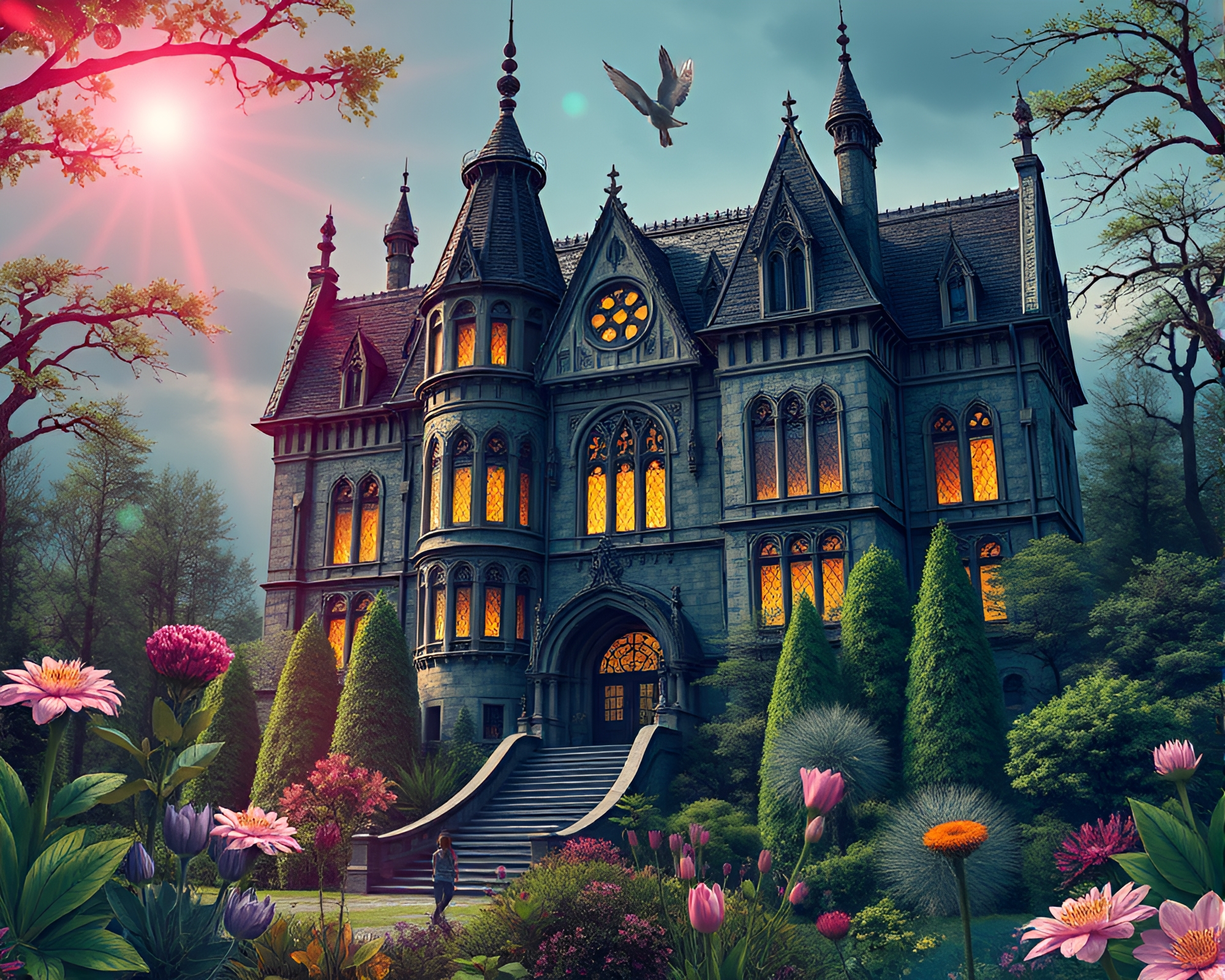 Neo-Gothic Mansion Bathed in Iridescent Botanical Light – free AI stock image