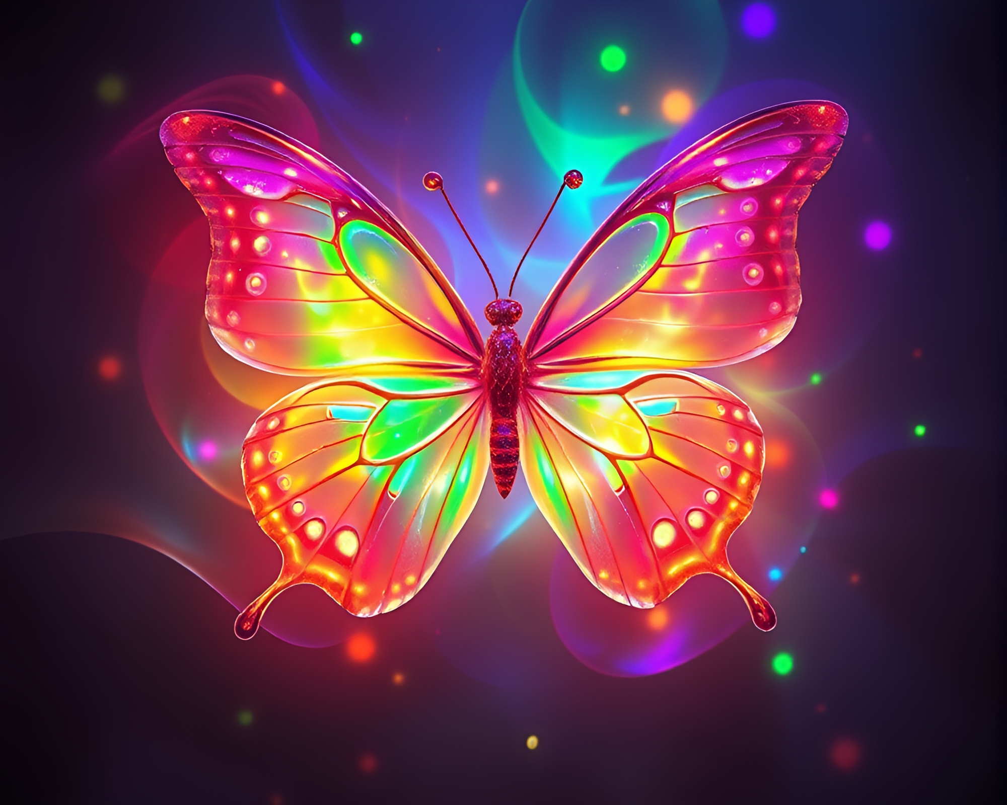 Iridescent Butterfly in Strobe-lit Fantasy World – free AI stock image
