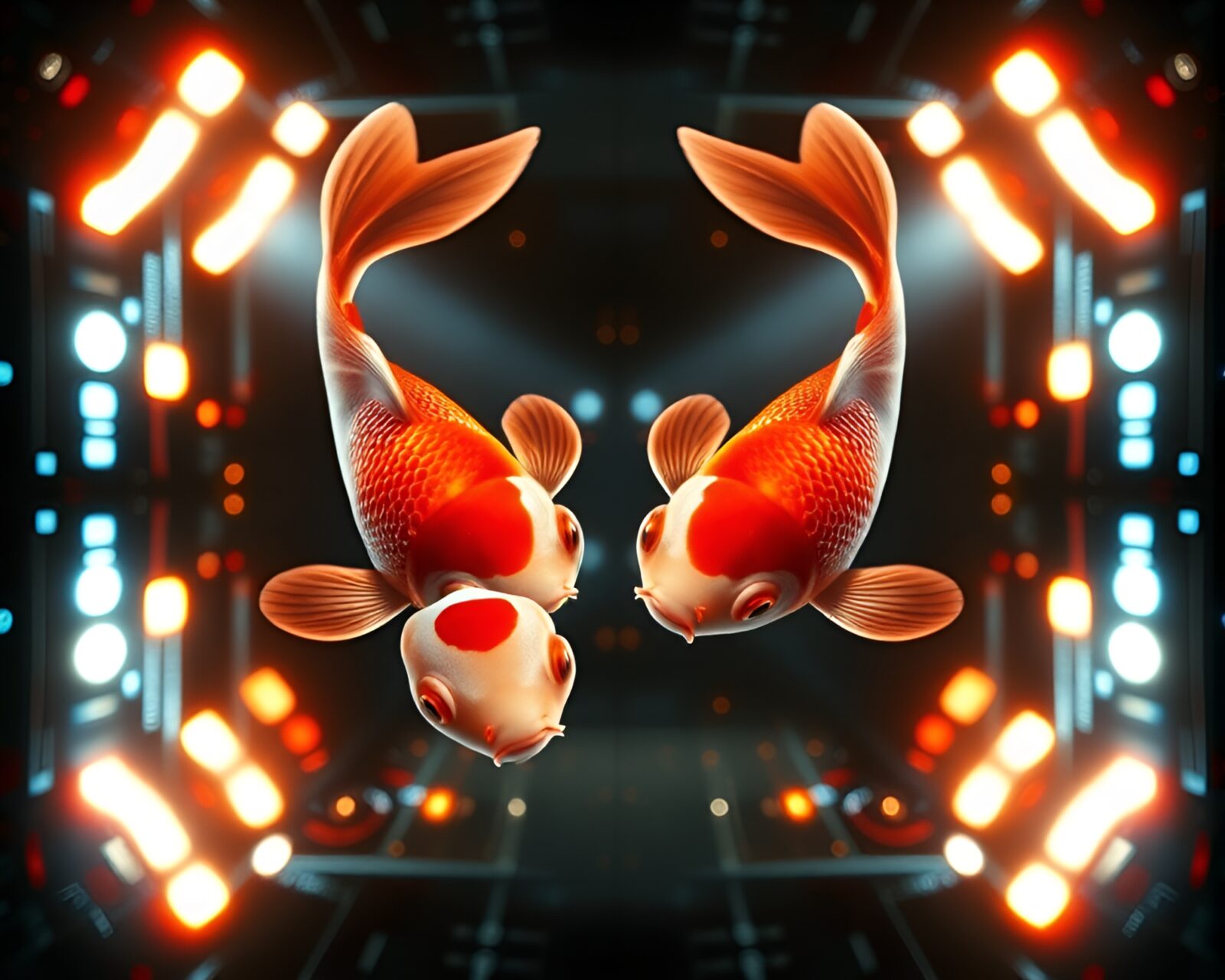 Futuristic symmetrical composition showcasing glowing koi fish in a digital spotlight.
