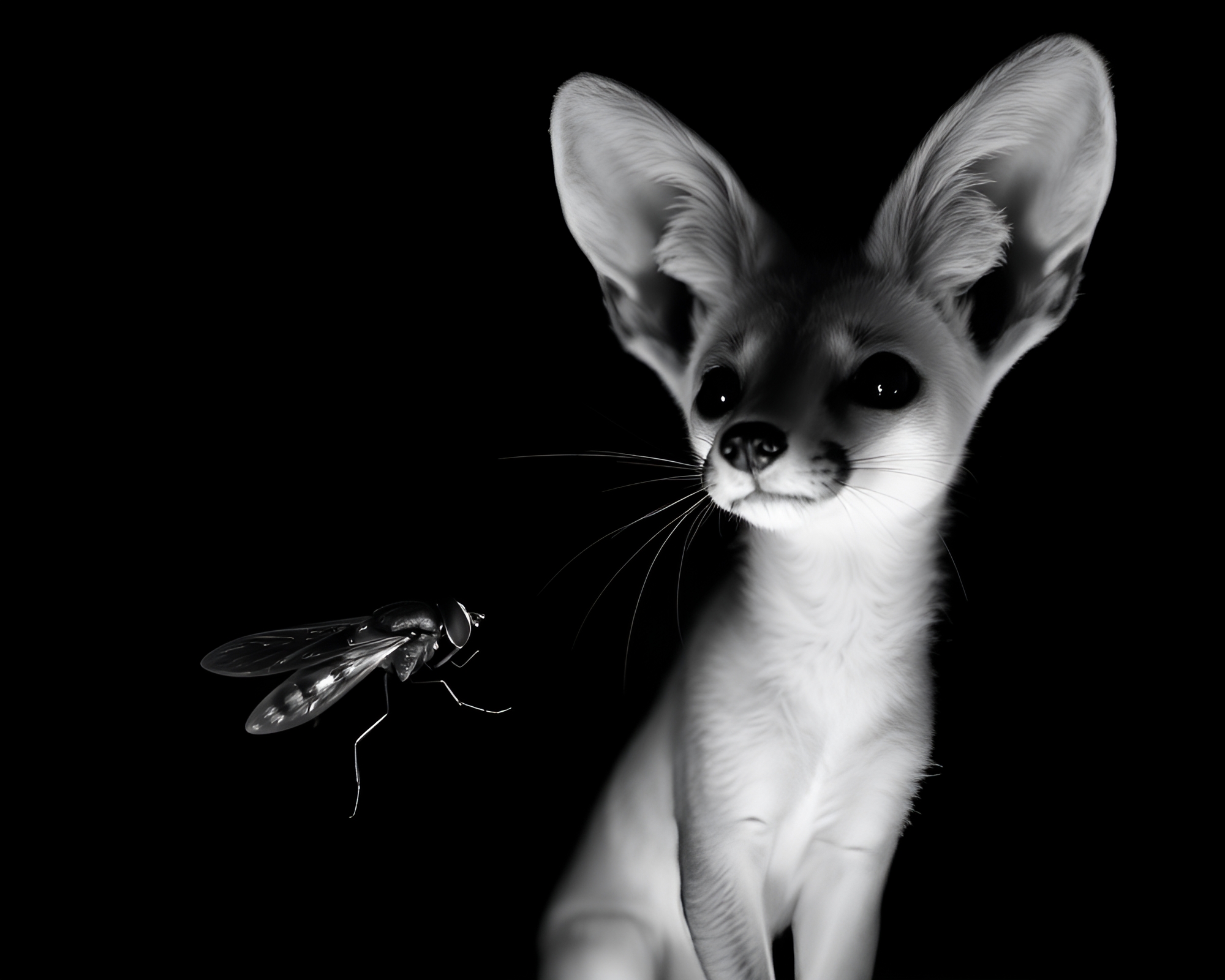 Fennec Fox Gazing Up in Black and White – free AI stock image