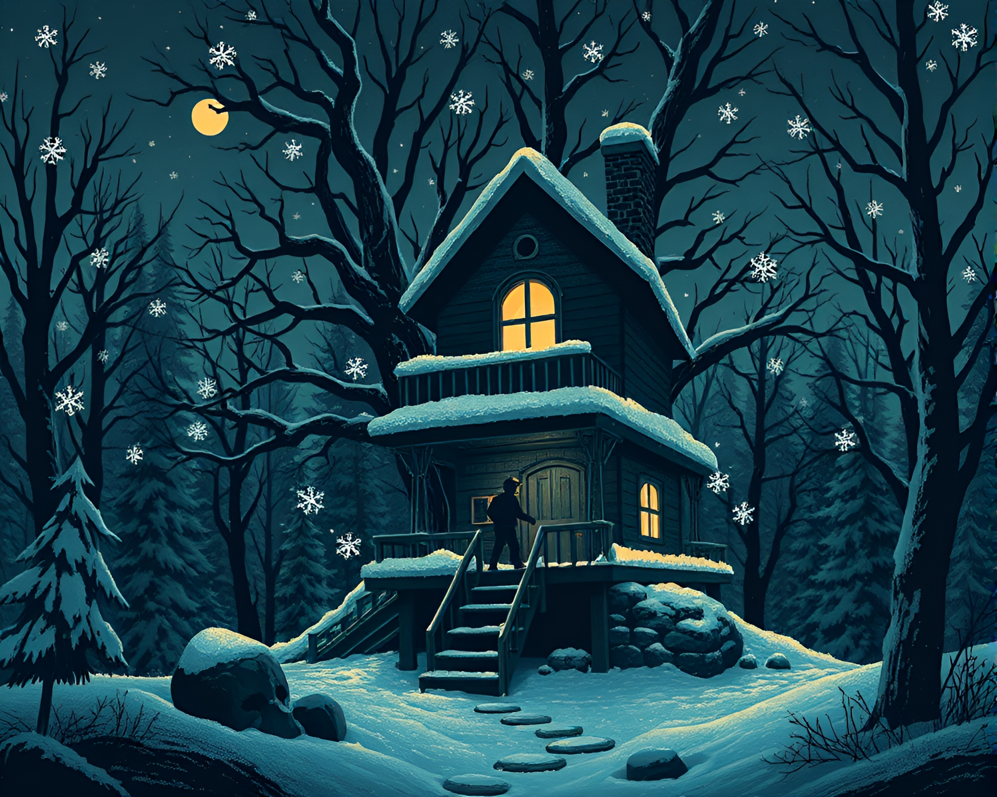 Snowflakes Treehouse in Basement Gloom Screen Printing Art – free AI stock image