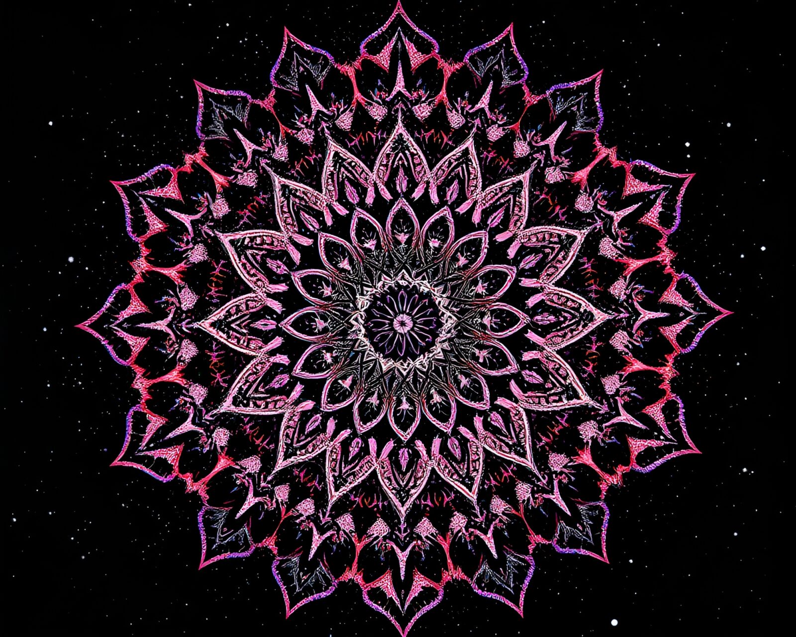 Intricate mandala design with fractured anatomy details and sparkles