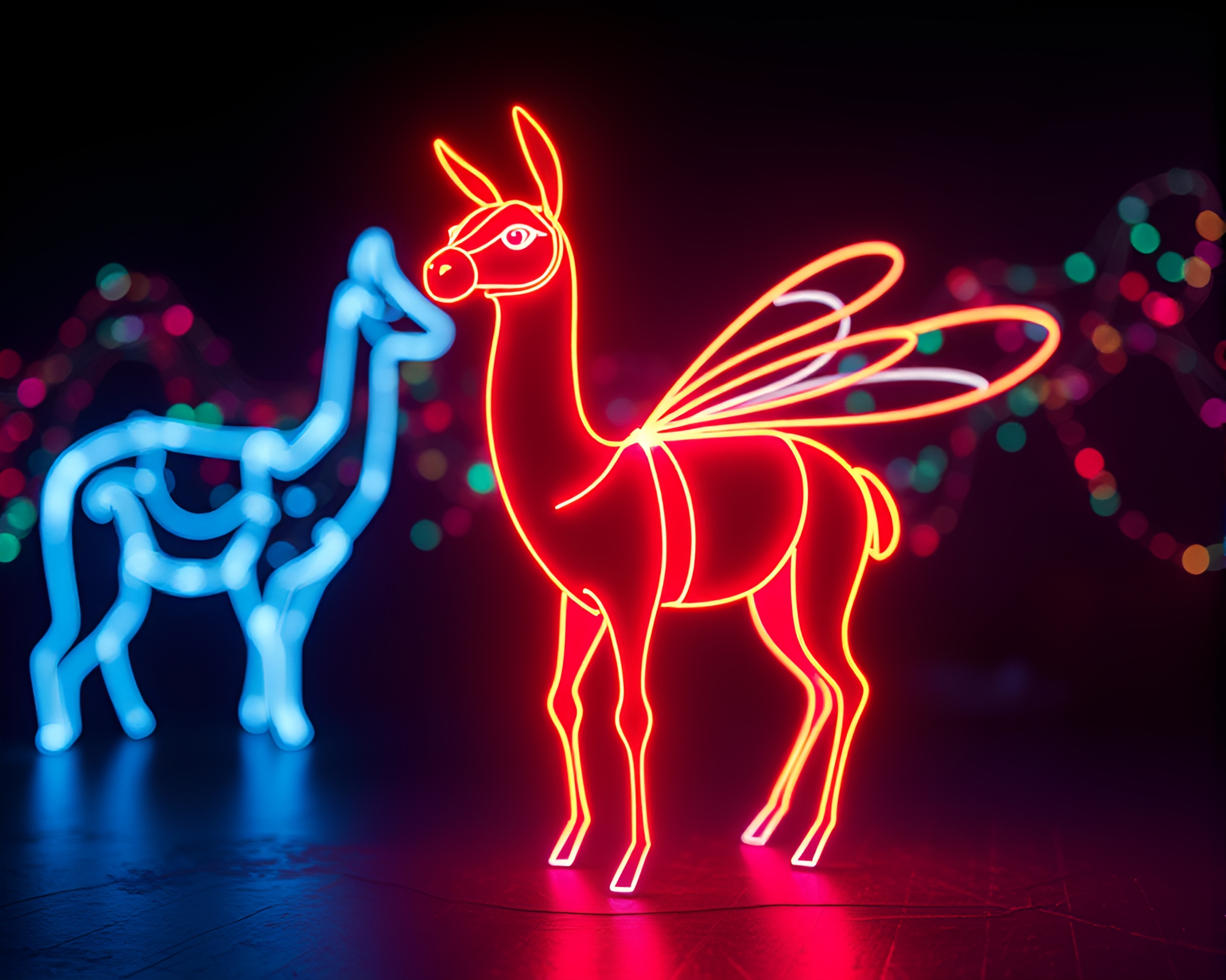 Neon Wireframe Llama in Firefly Luminescence – free AI stock image