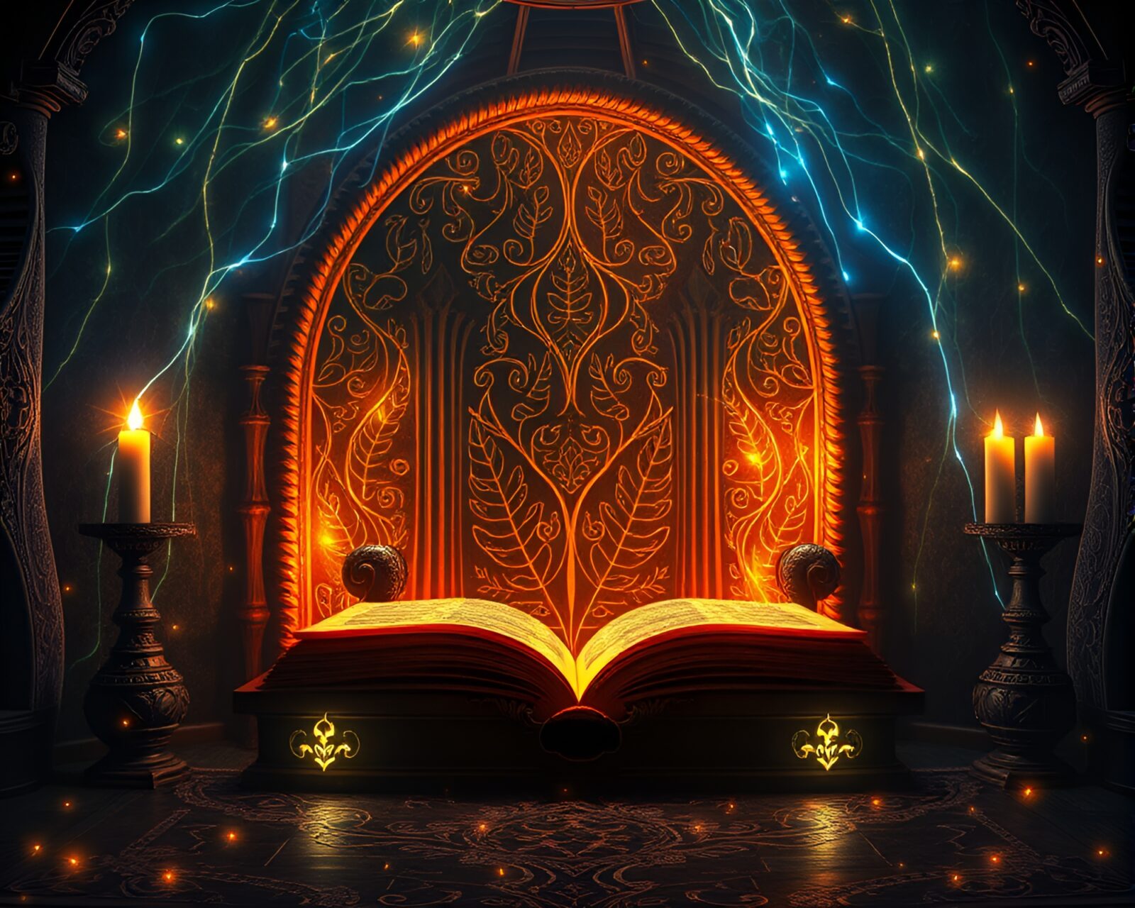 Intricate leaf vein patterns swirling around an enchanted book